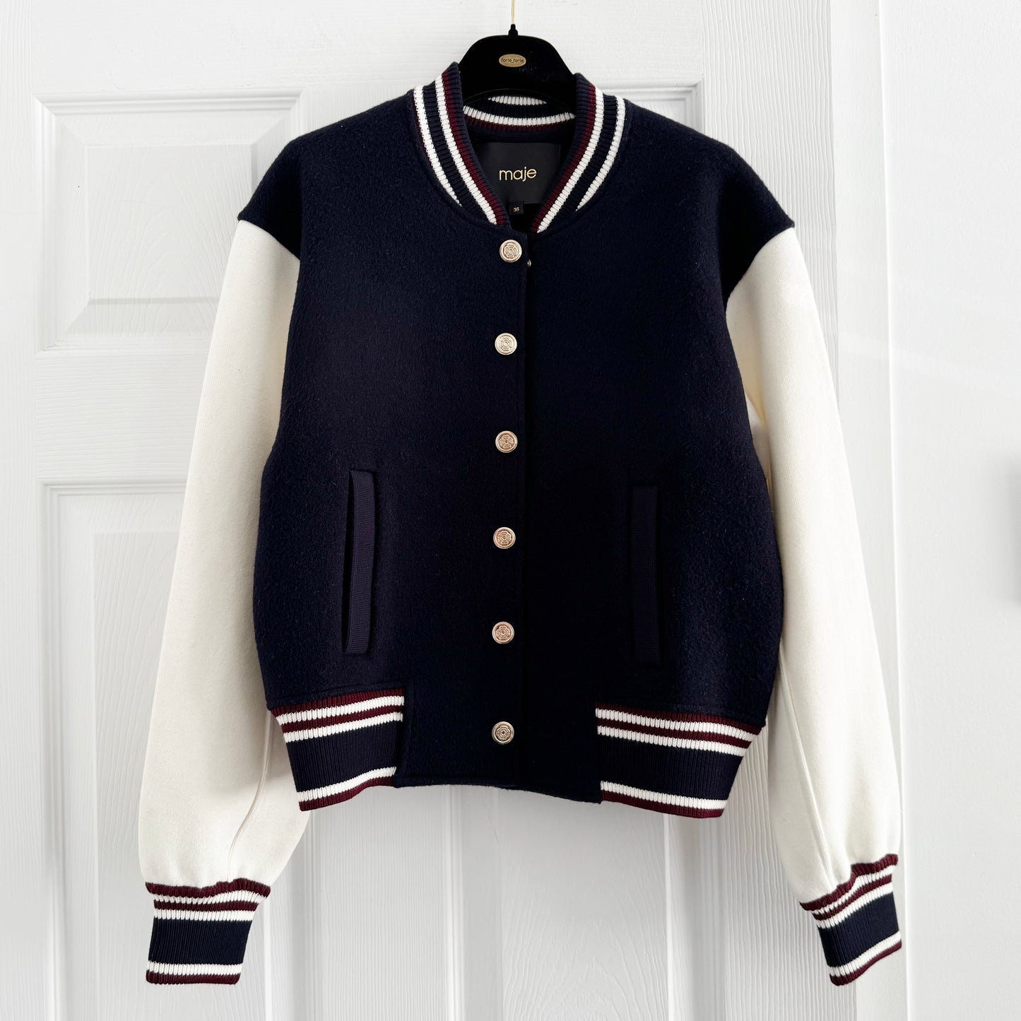 Maje Varsity Jacket in Navy/White, size 36 (fits size small)