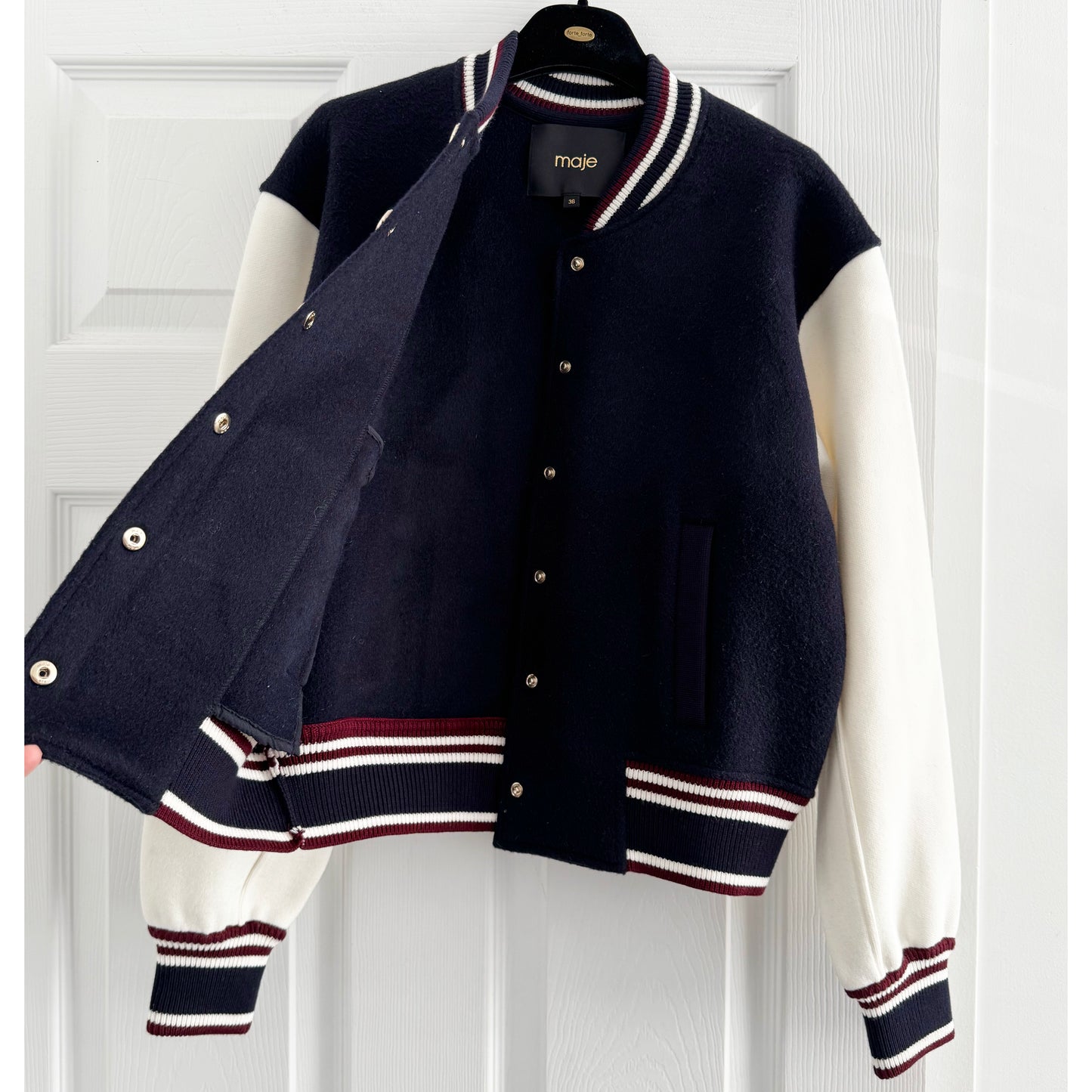 Maje Varsity Jacket in Navy/White, size 36 (fits size small)