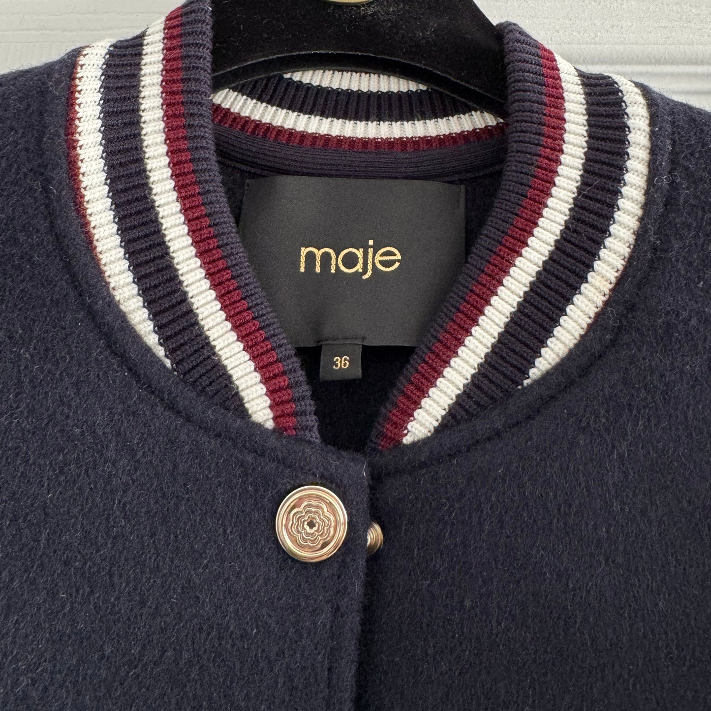 Maje Varsity Jacket in Navy/White, size 36 (fits size small)