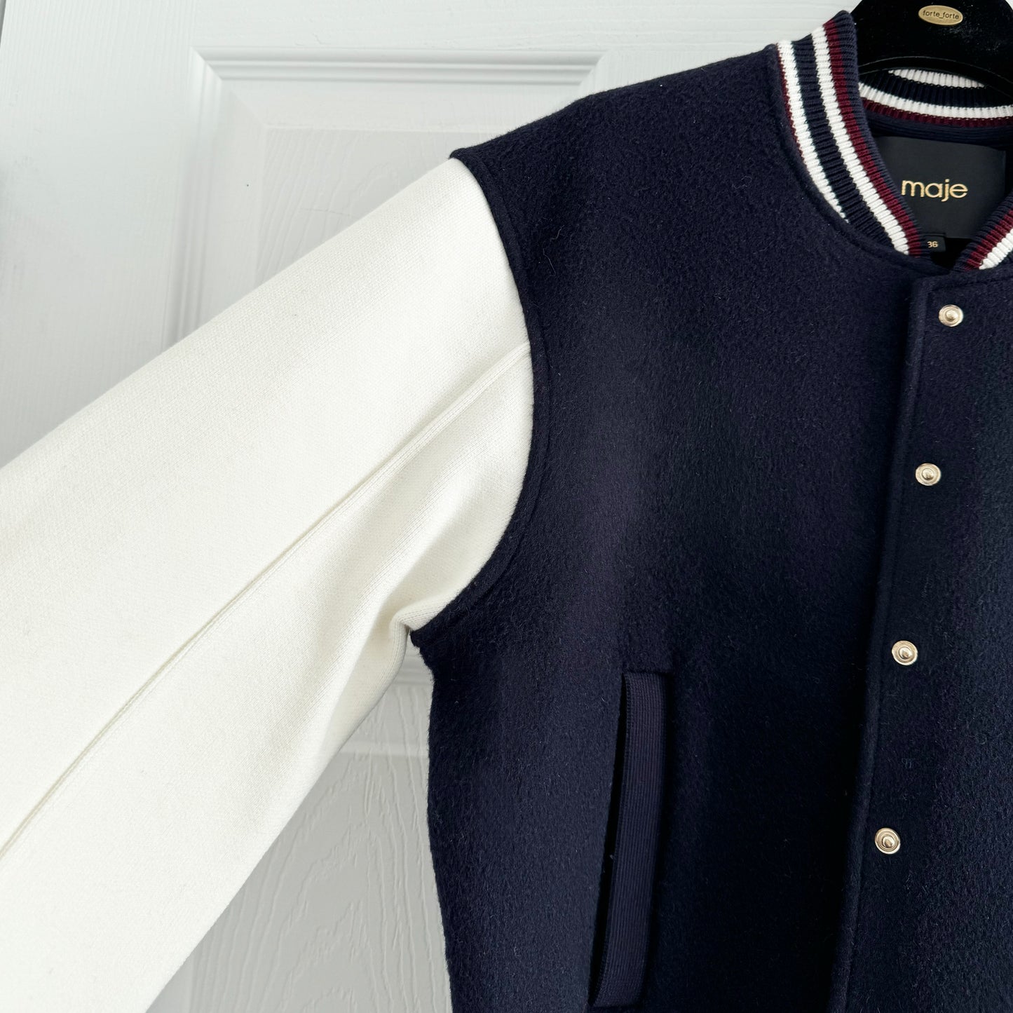 Maje Varsity Jacket in Navy/White, size 36 (fits size small)