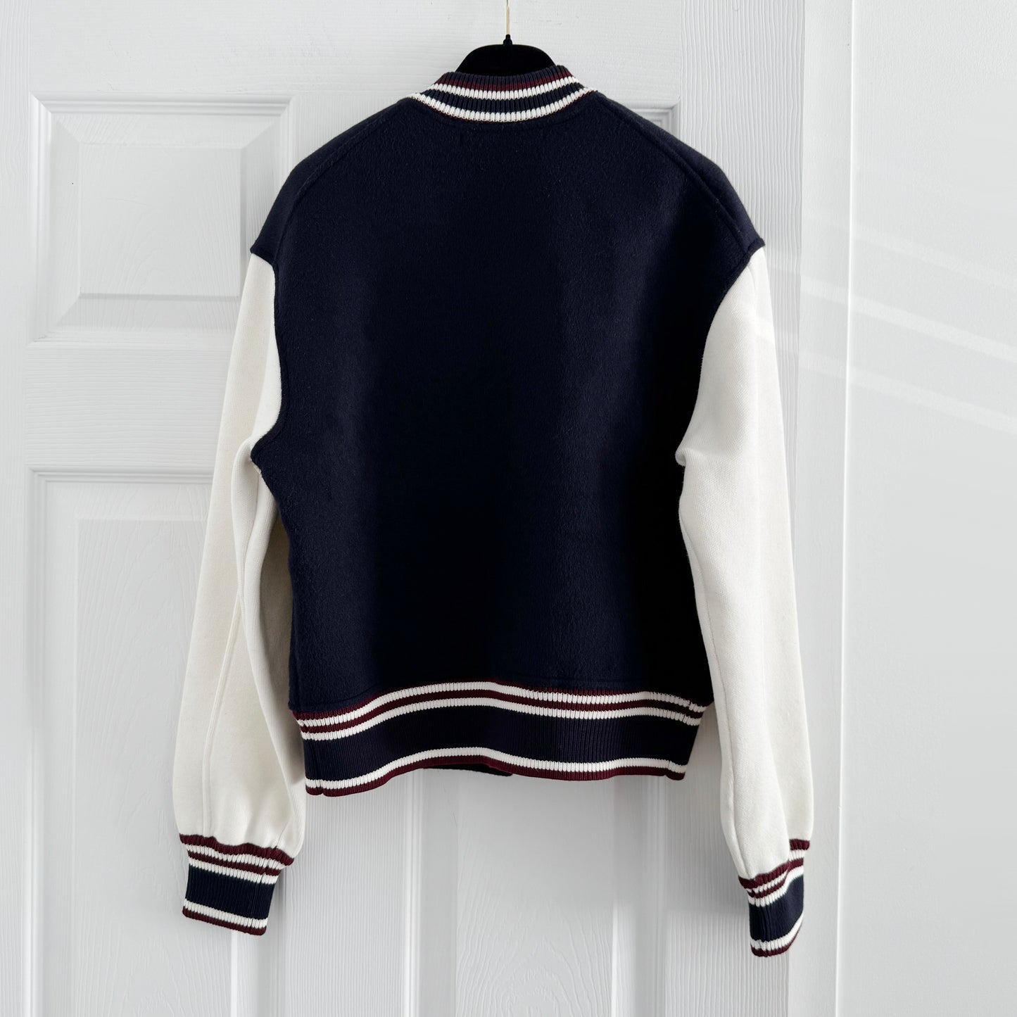 Maje Varsity Jacket in Navy/White, size 36 (fits size small)