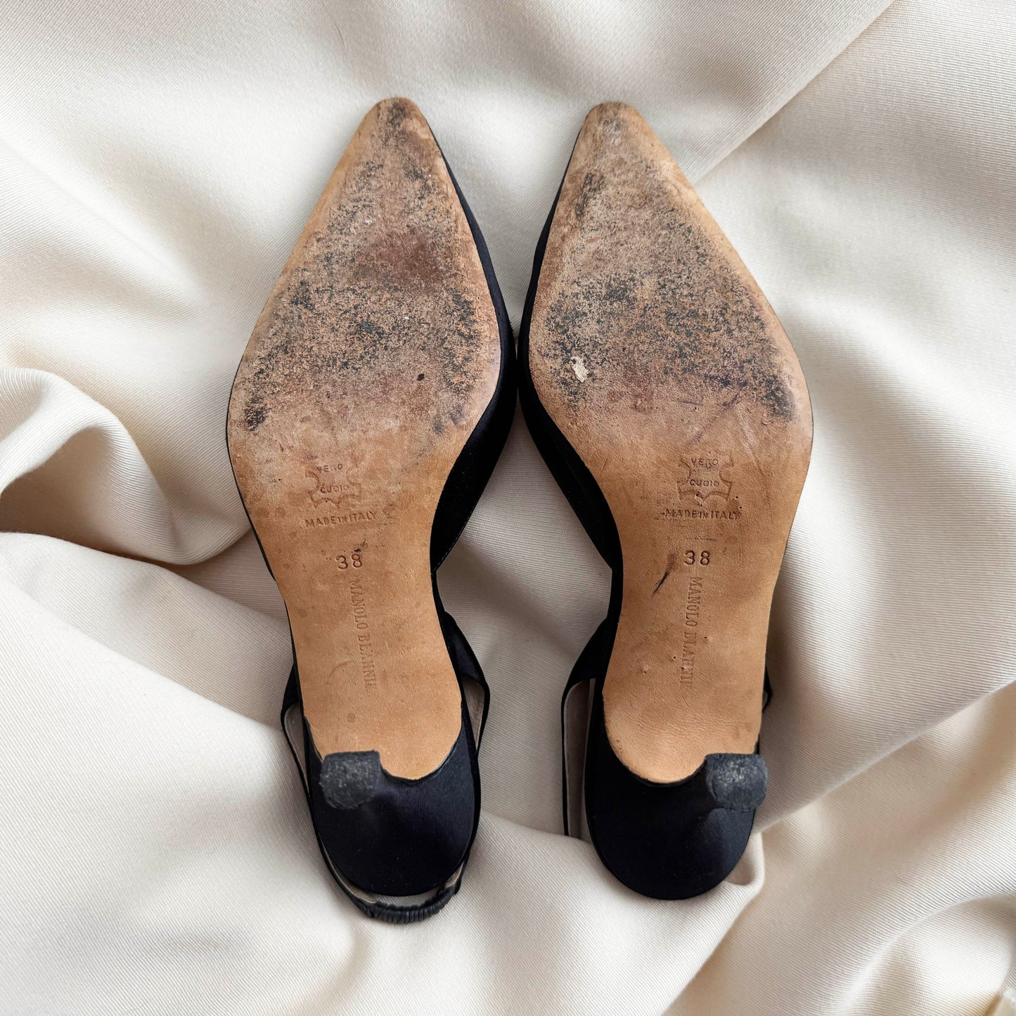 Manolo Blahnik "Carolyne" 90mm Satin Slingbacks in Black, size 38