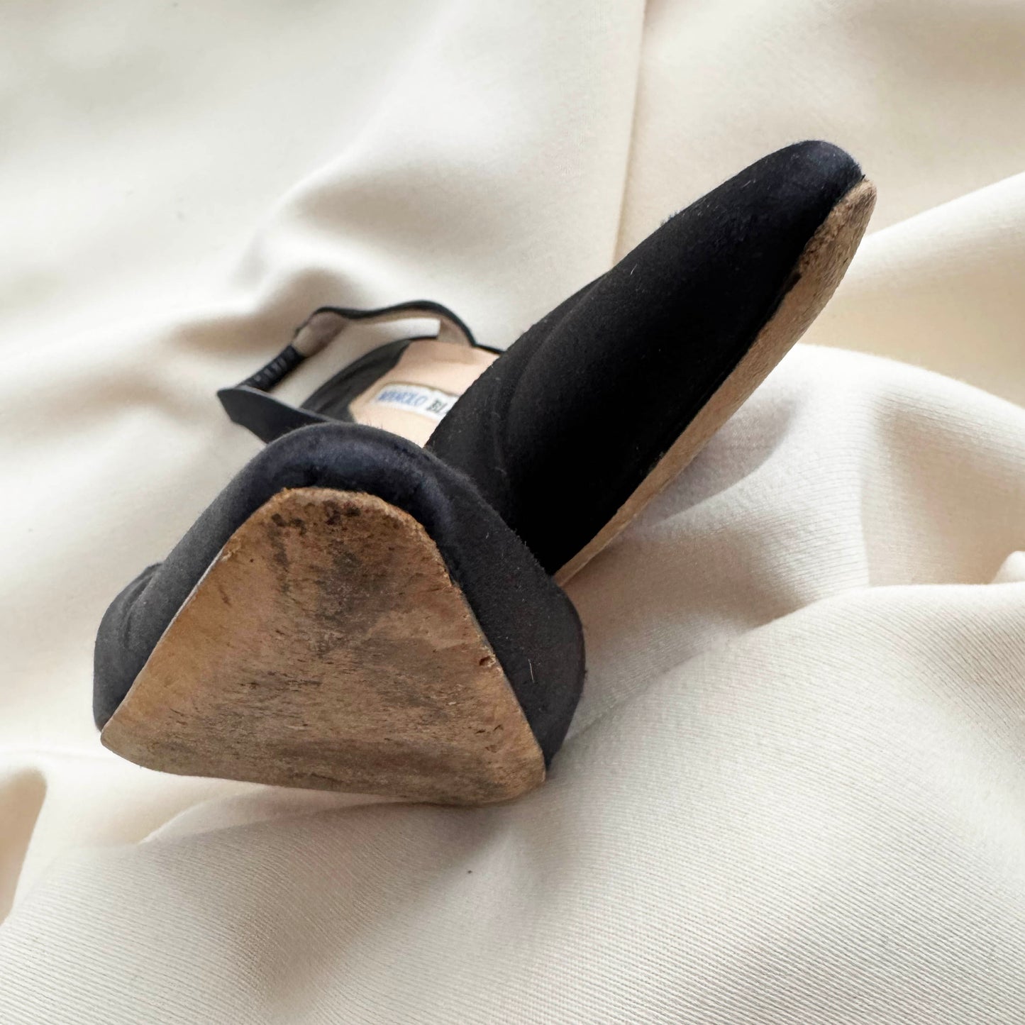 Manolo Blahnik "Carolyne" 90mm Satin Slingbacks in Black, size 38