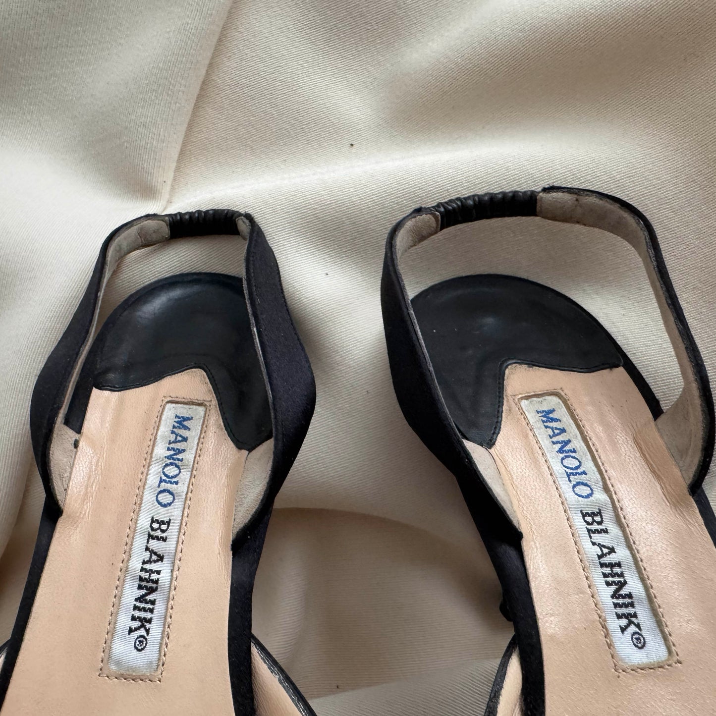 Manolo Blahnik "Carolyne" 90mm Satin Slingbacks in Black, size 38