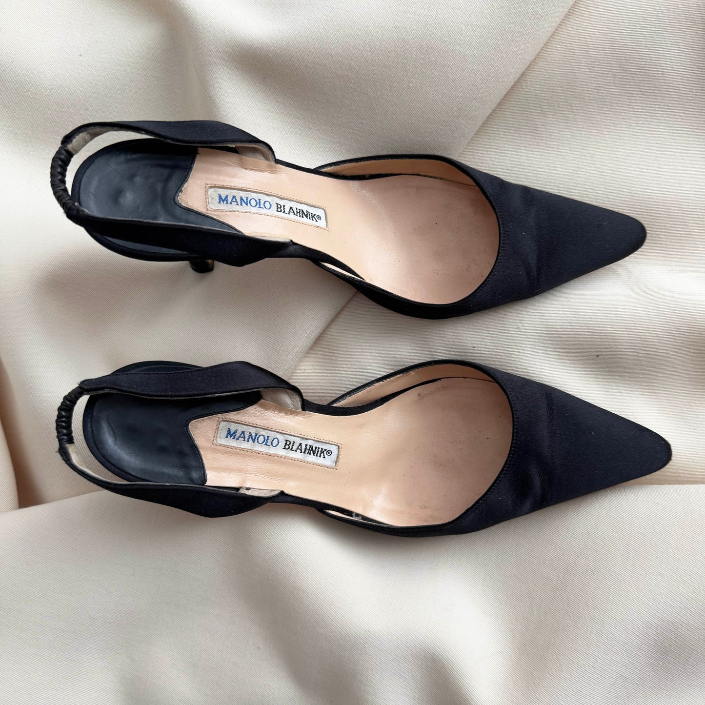 Manolo Blahnik "Carolyne" 90mm Satin Slingbacks in Black, size 38