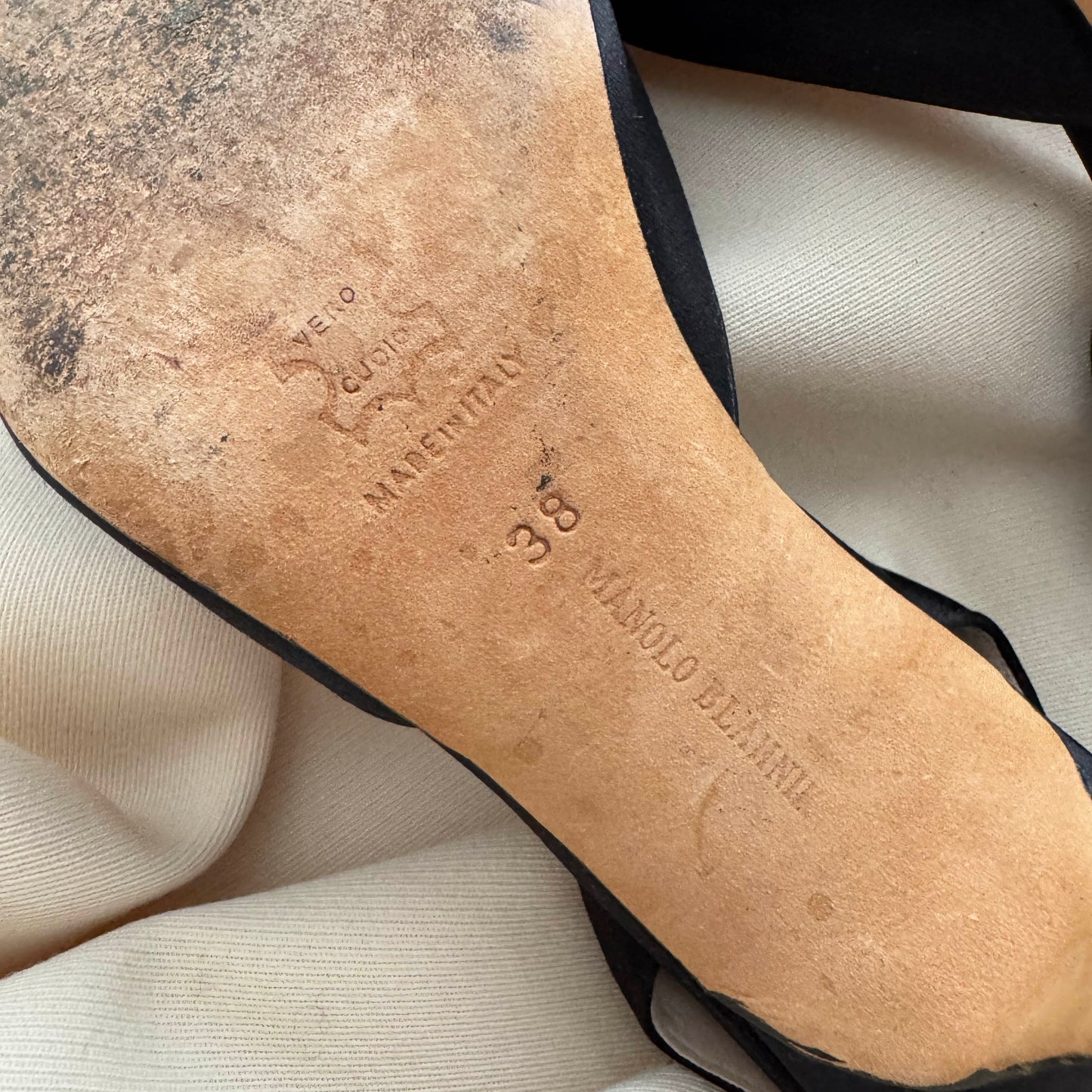 Manolo Blahnik "Carolyne" 90mm Satin Slingbacks in Black, size 38