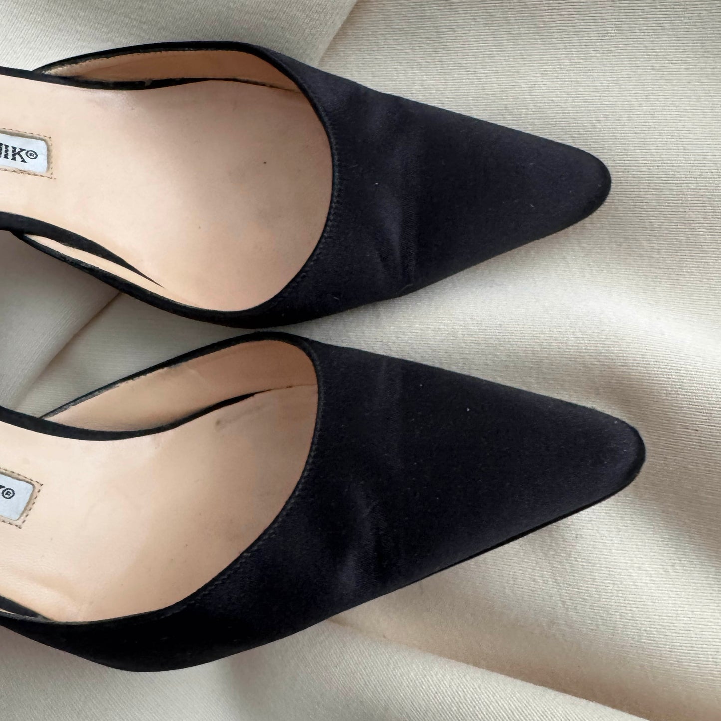 Manolo Blahnik "Carolyne" 90mm Satin Slingbacks in Black, size 38