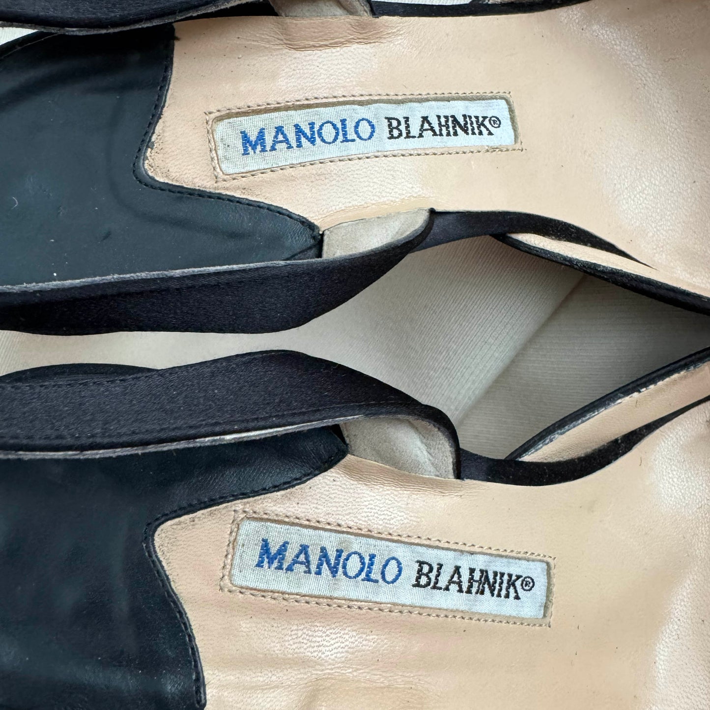 Manolo Blahnik "Carolyne" 90mm Satin Slingbacks in Black, size 38