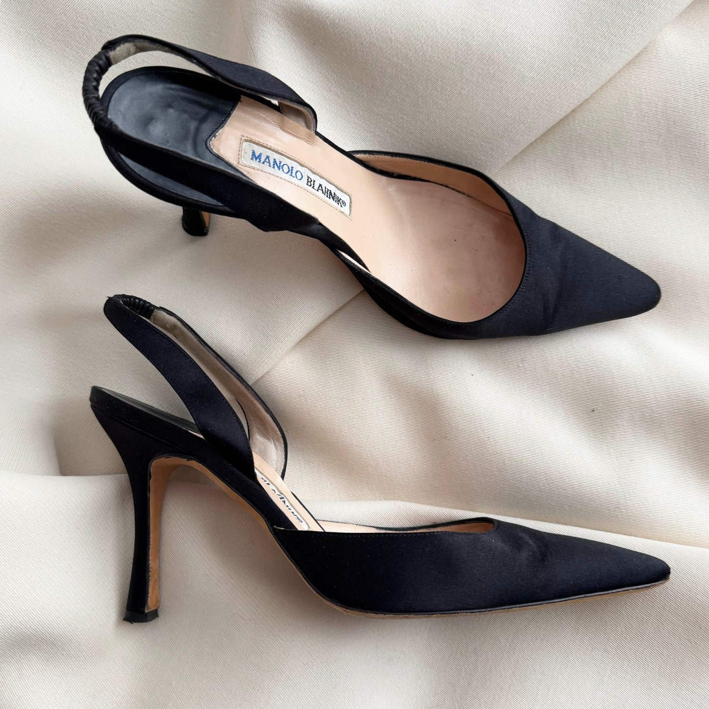 Manolo Blahnik "Carolyne" 90mm Satin Slingbacks in Black, size 38