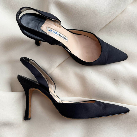Manolo Blahnik "Carolyne" 90mm Satin Slingbacks in Black, size 38
