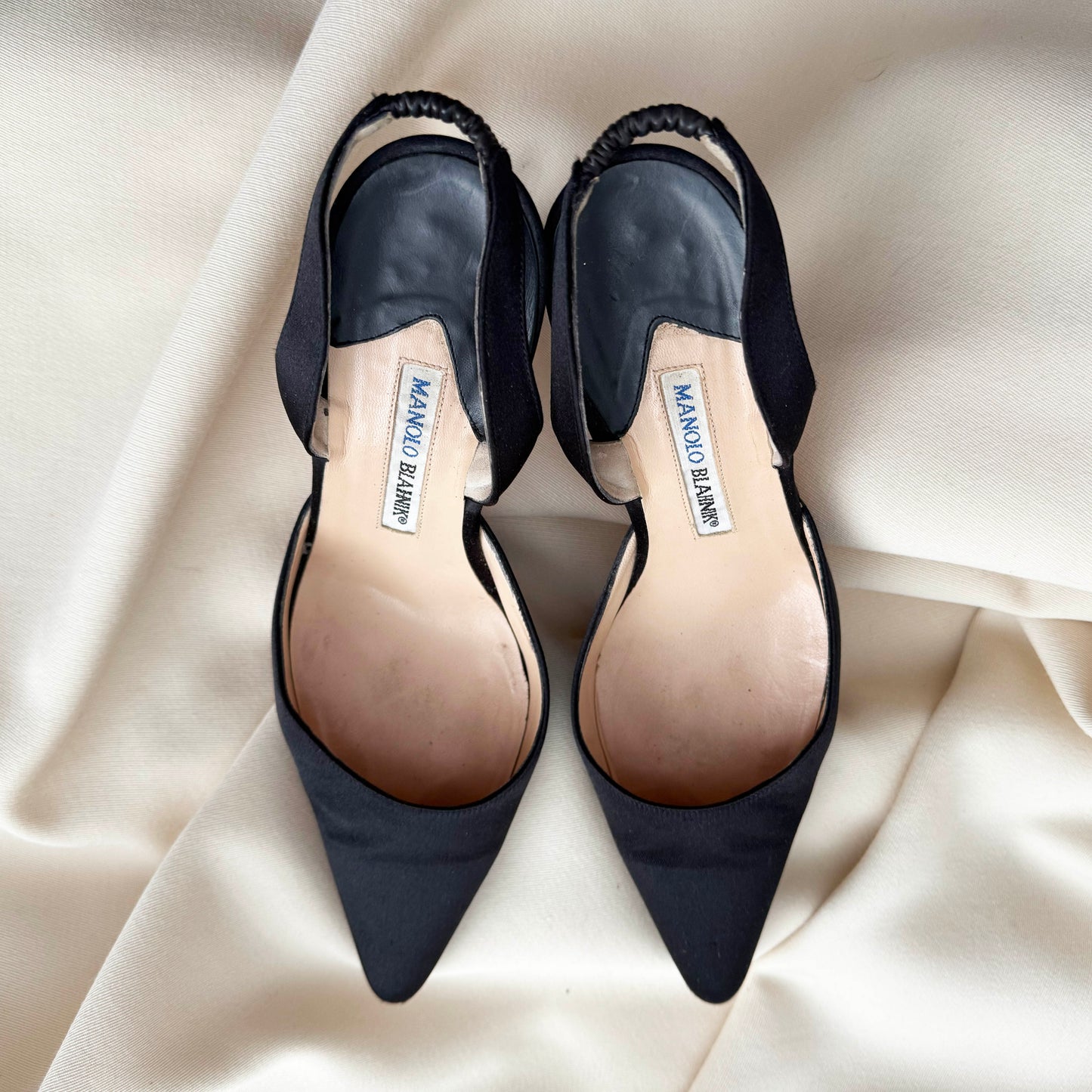 Manolo Blahnik "Carolyne" 90mm Satin Slingbacks in Black, size 38
