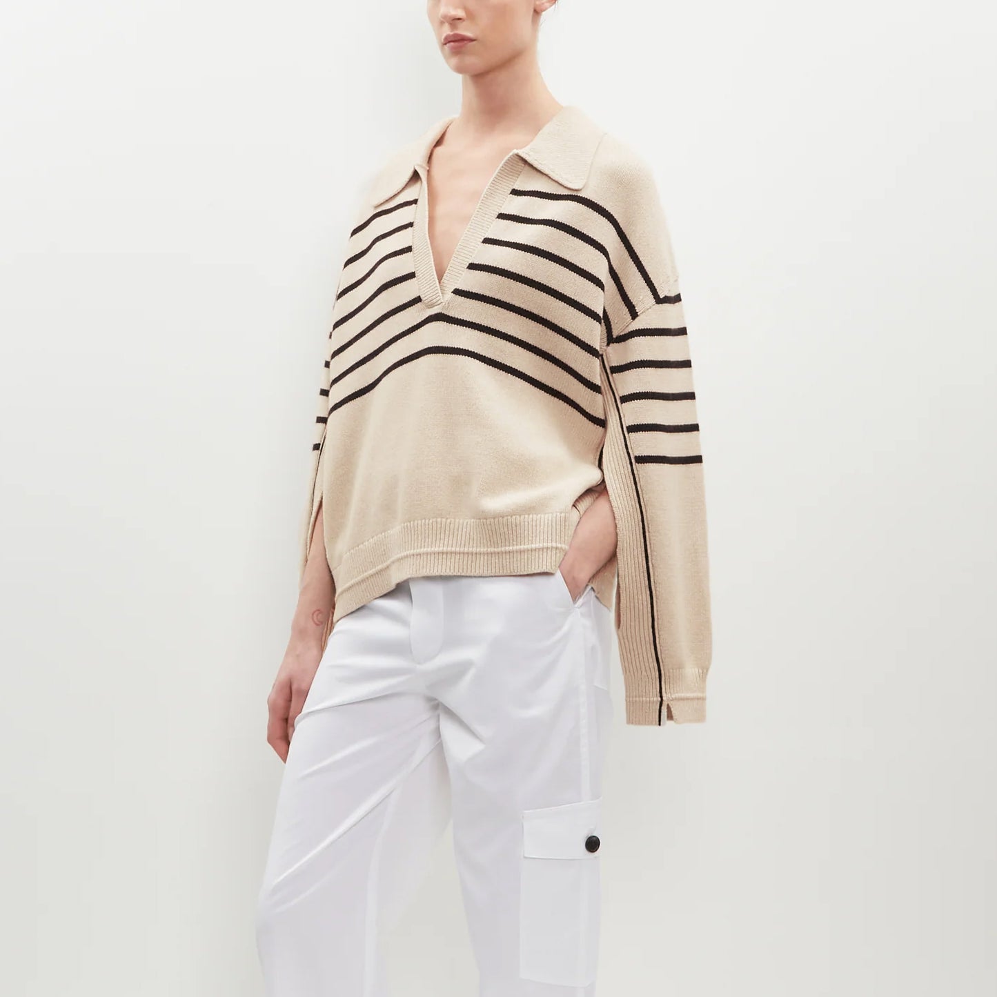 Maria McManus Split Sleeve Striped Sweater in Beige/Navy, size Large
