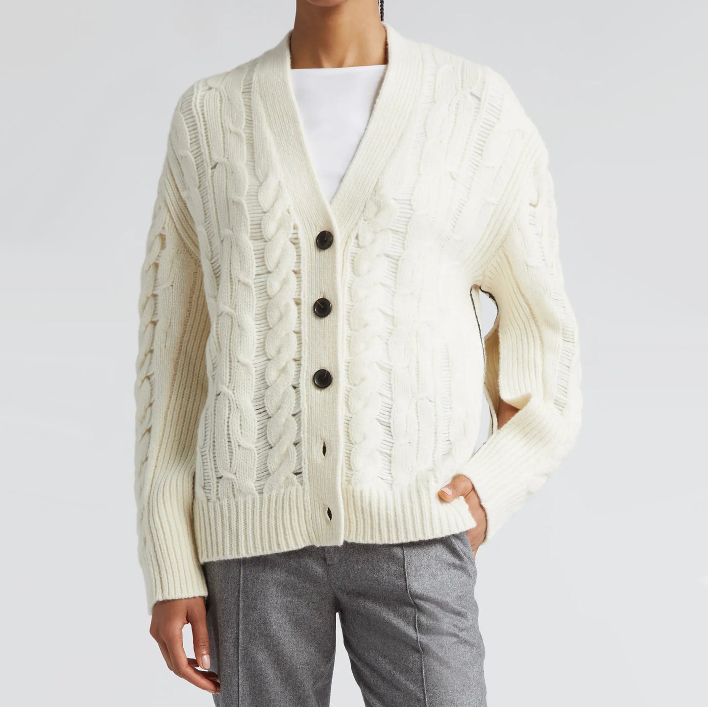 Maria McManus Oversize Aran Cable Knit Cardigan in Ivory, size XS