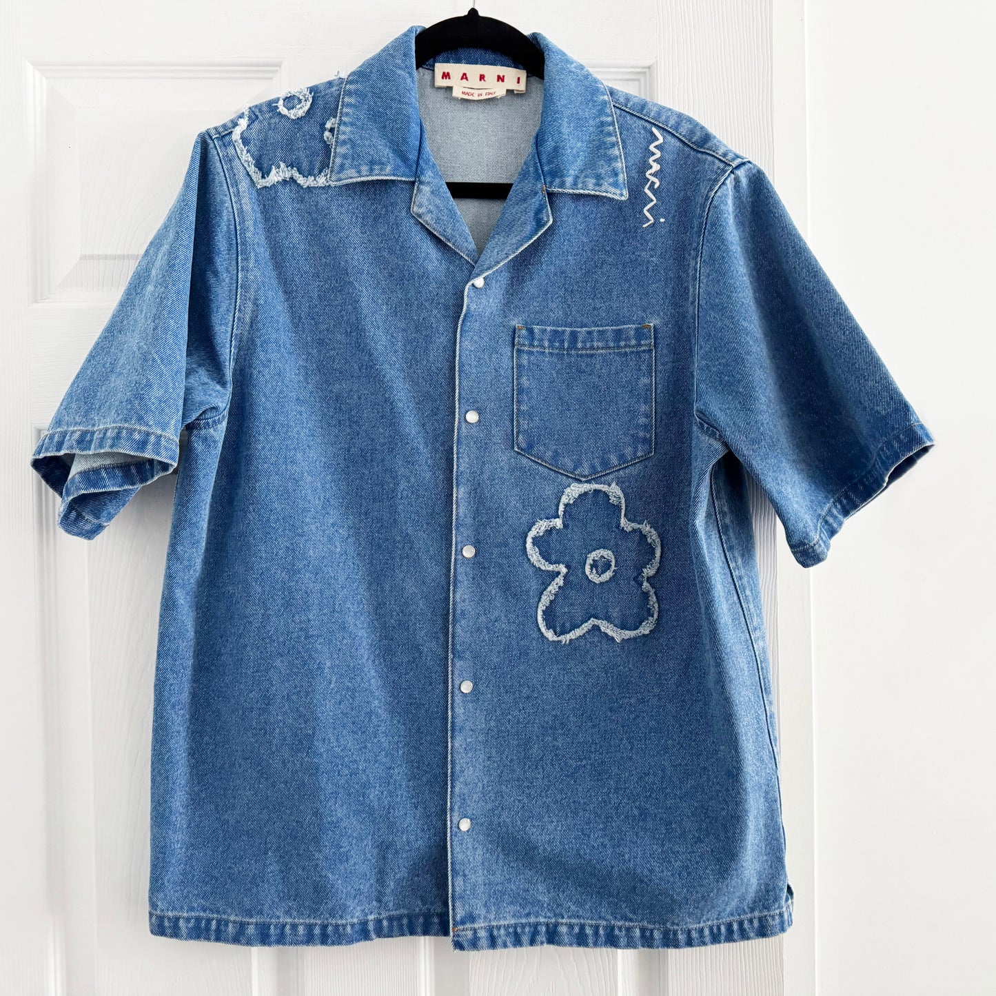 Marni Embellished Denim Shirt in Blue, size 44 (fits like 10 ish?)
