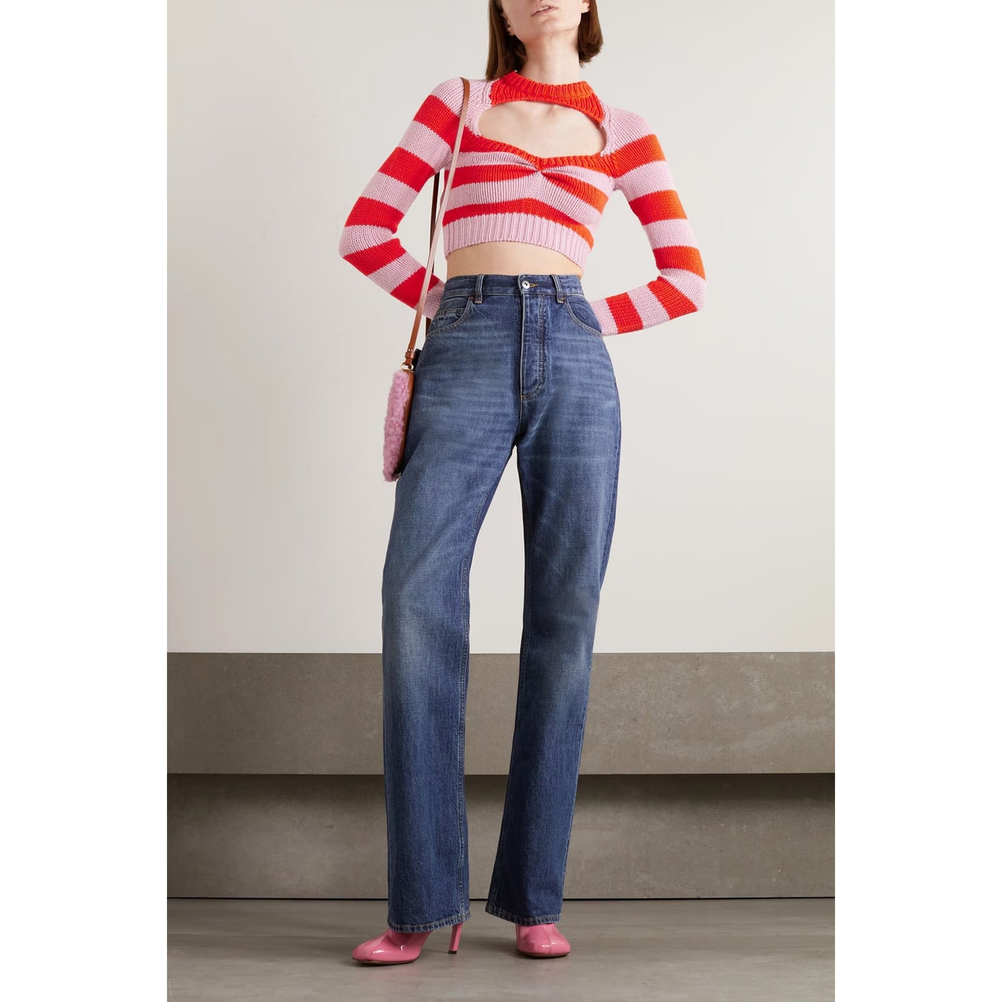 Marni Striped Crop Sweater in Red/Pink, size 42 (fits size small)