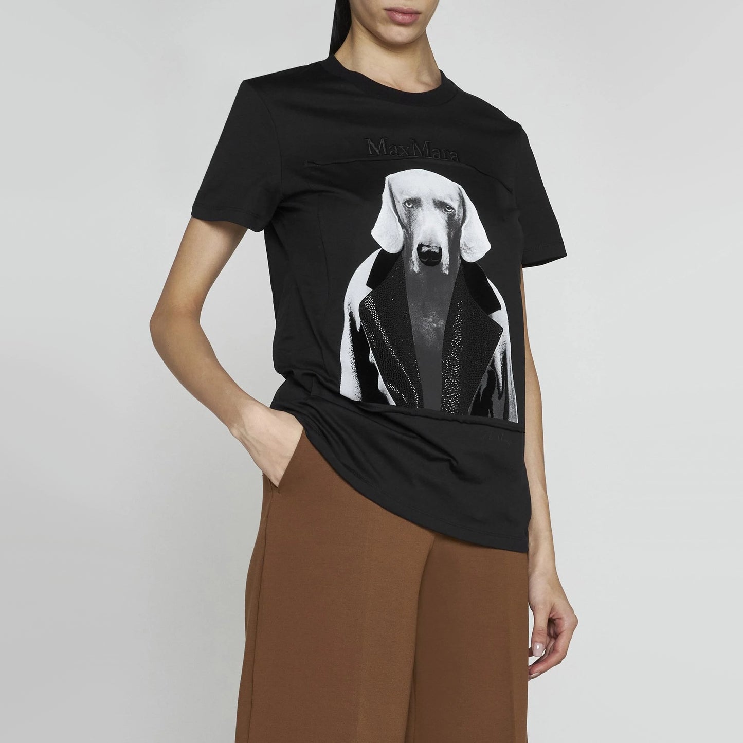 Max Mara Dog Print Tee with Strass Detailing in Black, size Small