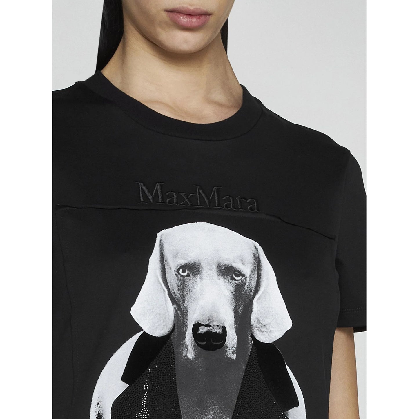Max Mara Dog Print Tee with Strass Detailing in Black, size Small