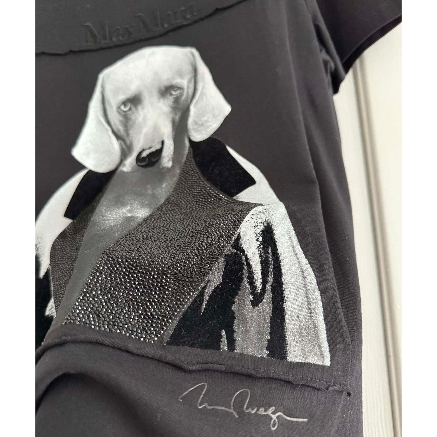 Max Mara Dog Print Tee with Strass Detailing in Black, size Small