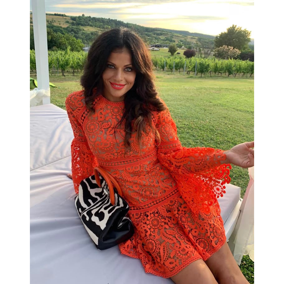Michael by Michael Kors Lace Dress with Bell Sleeves in Orange, size 2