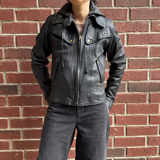Mike & Chris Hooded Leather Bomber Jacket, size Medium (fits S/M)