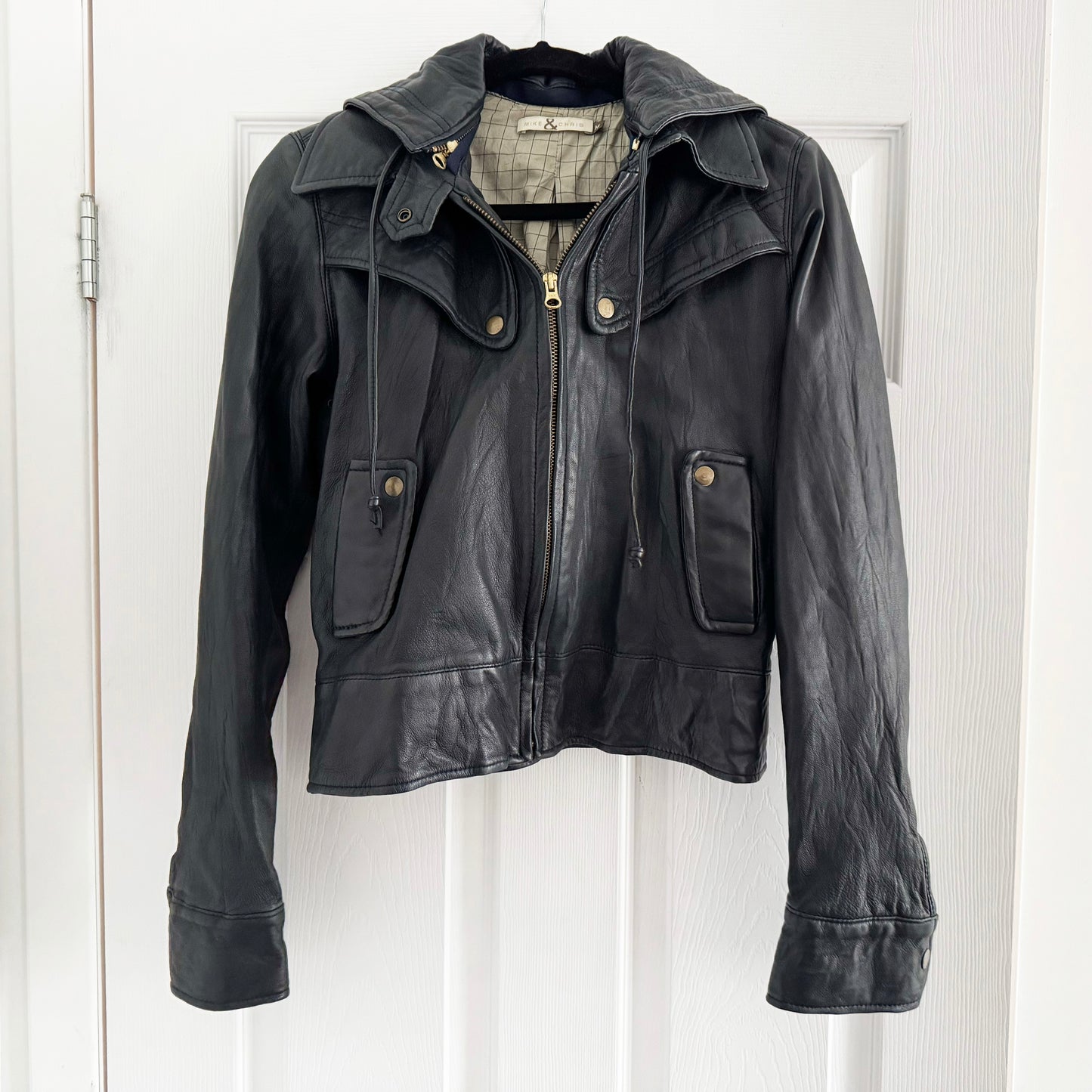 Mike & Chris Hooded Leather Bomber Jacket, size Medium (fits S/M)
