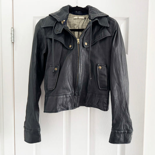 Mike & Chris Hooded Leather Bomber Jacket, size Medium (fits S/M)