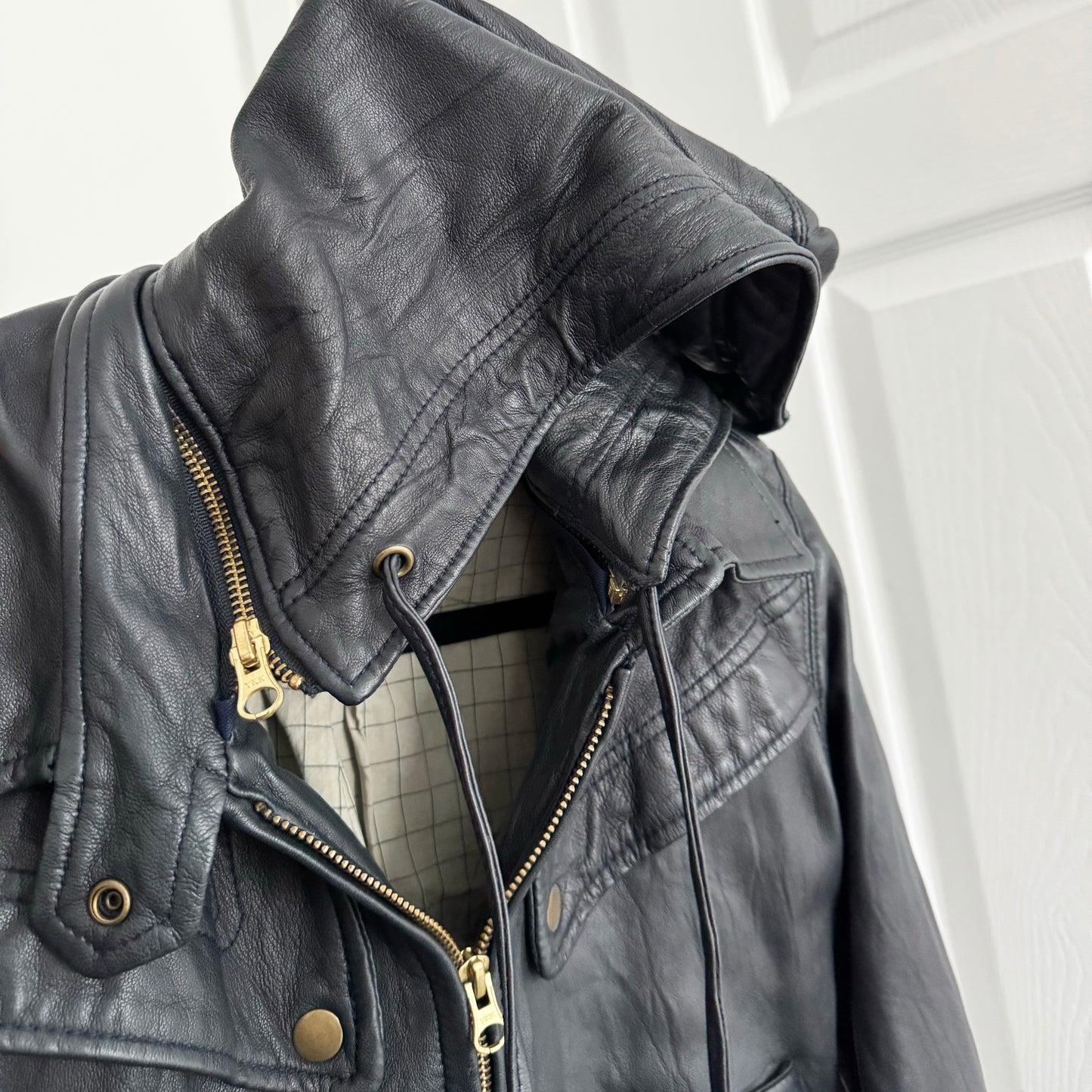 Mike & Chris Hooded Leather Bomber Jacket, size Medium (fits S/M)