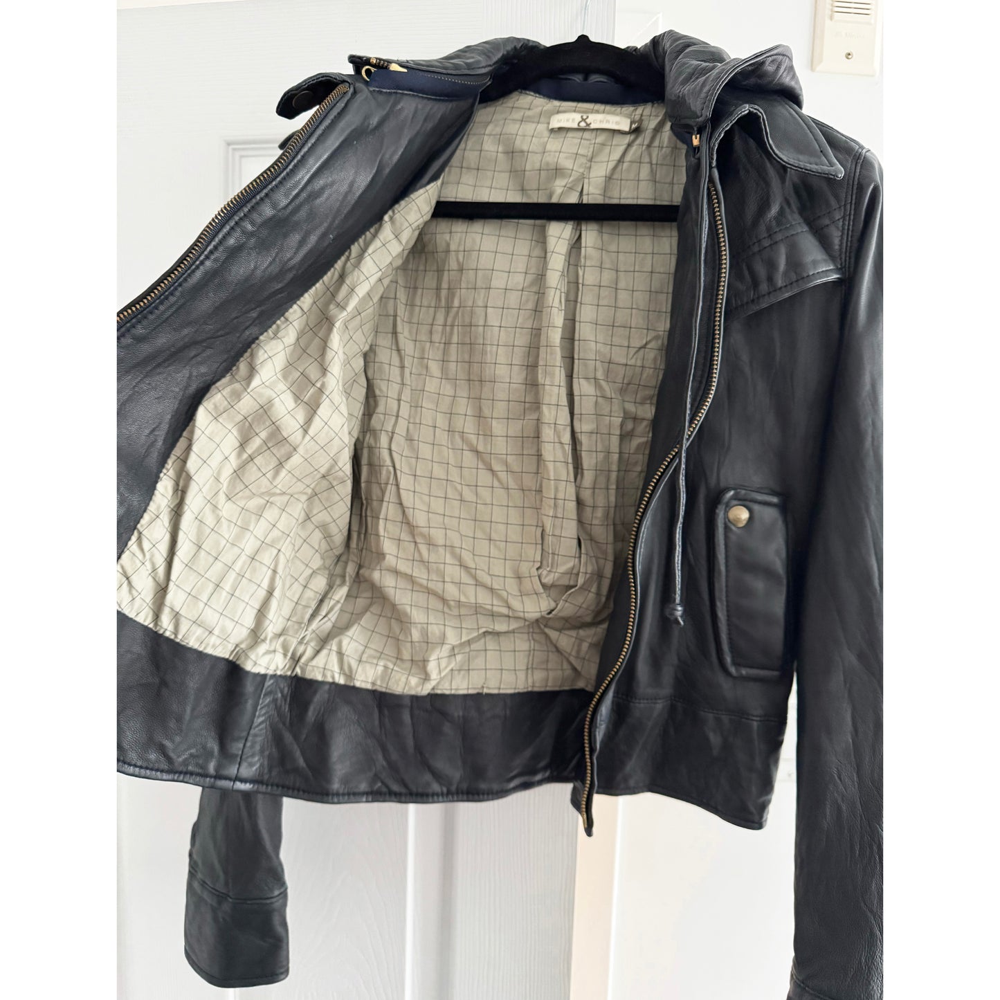Mike & Chris Hooded Leather Bomber Jacket, size Medium (fits S/M)