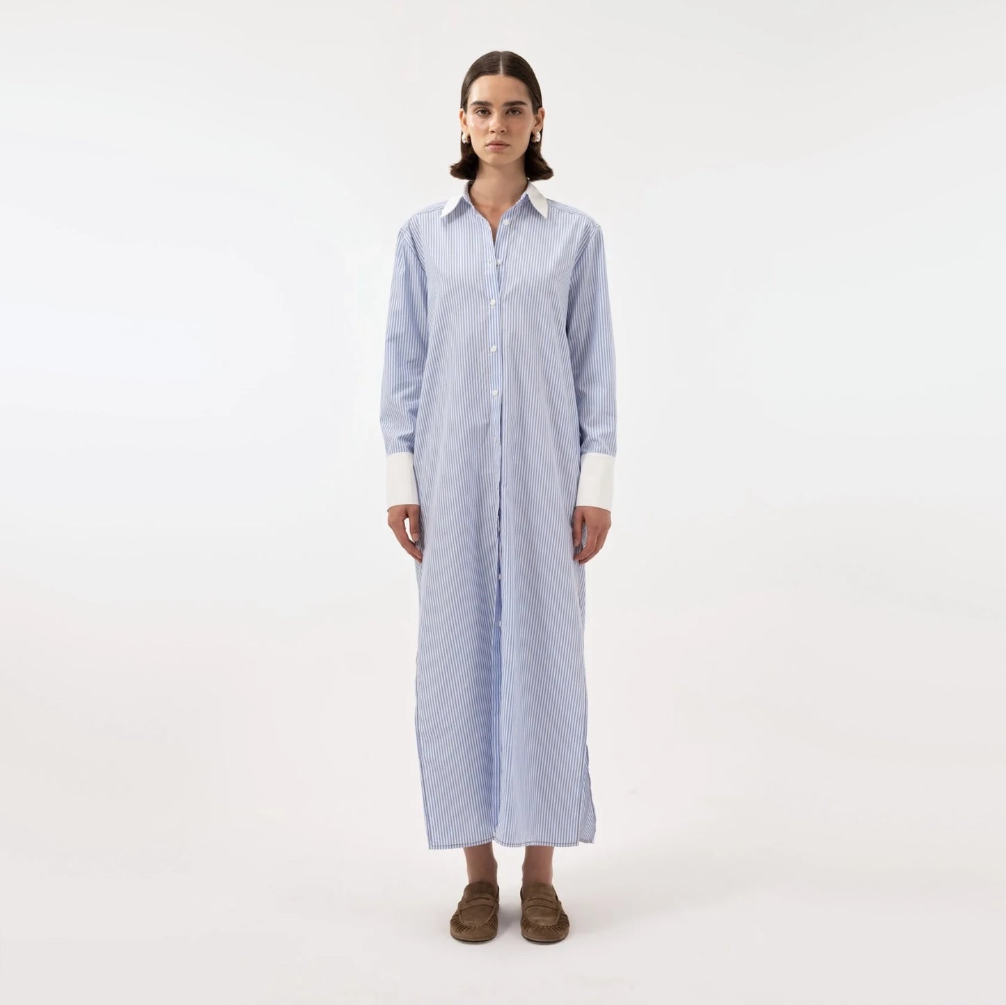 Anim "Mila" Striped Poplin Maxi Dress in Blue/White, size Small