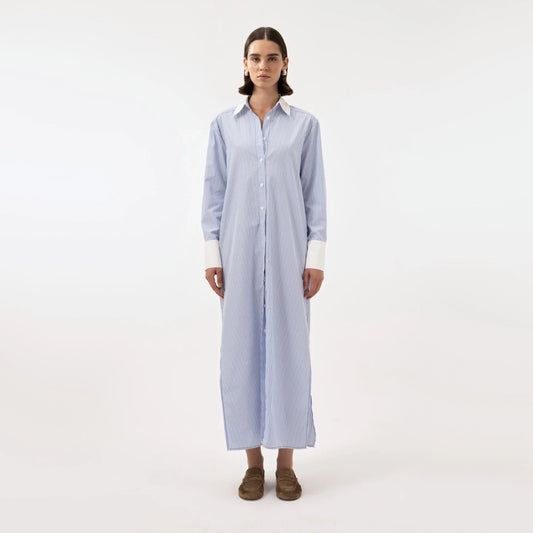 Anim "Mila" Striped Poplin Maxi Dress in Blue/White, size Small