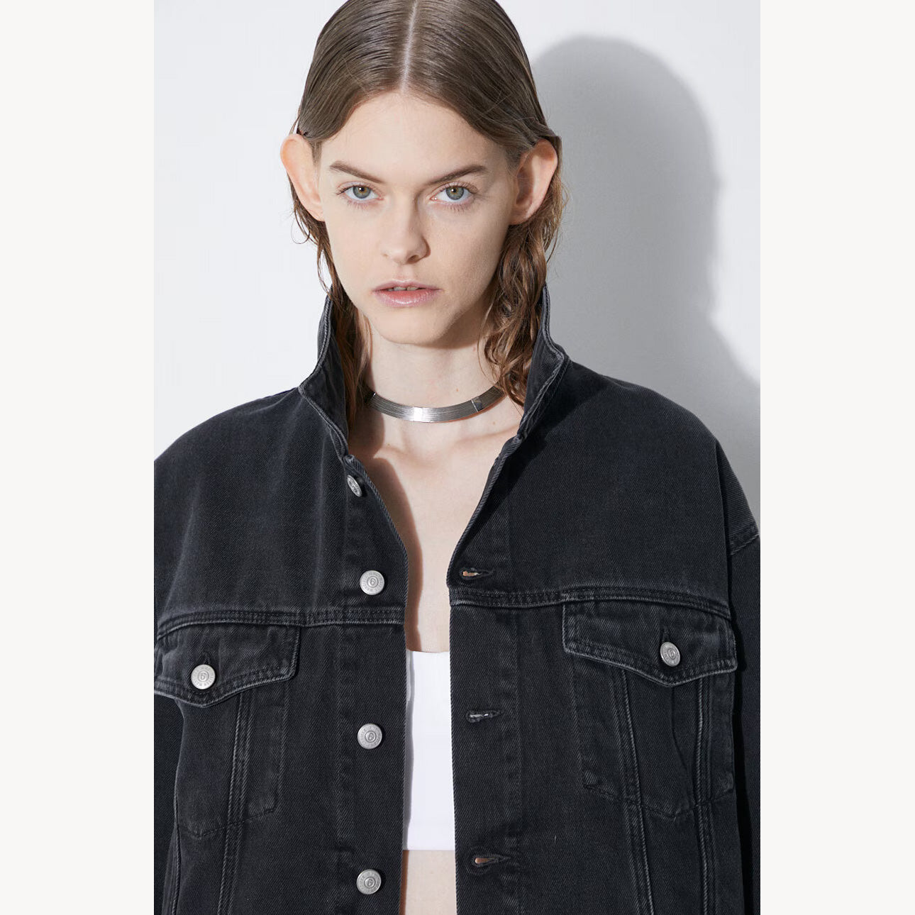 MM6 Maison Margiela Cropped Denim Jacket in Black, size 36
