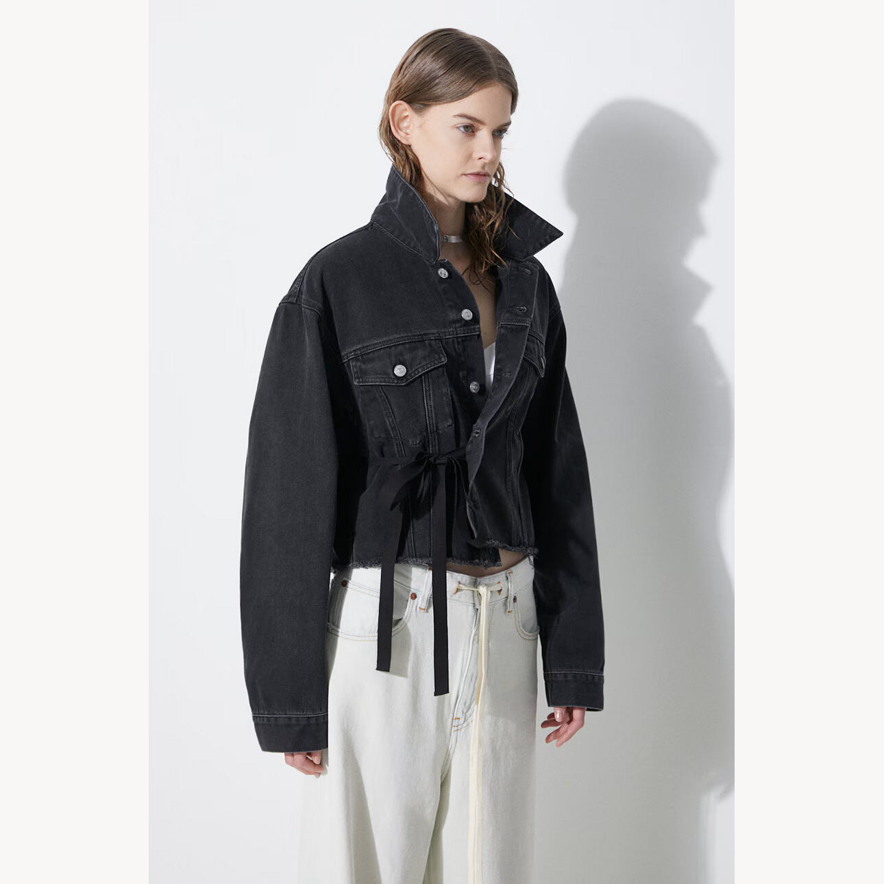 MM6 Maison Margiela Cropped Denim Jacket in Black, size 36