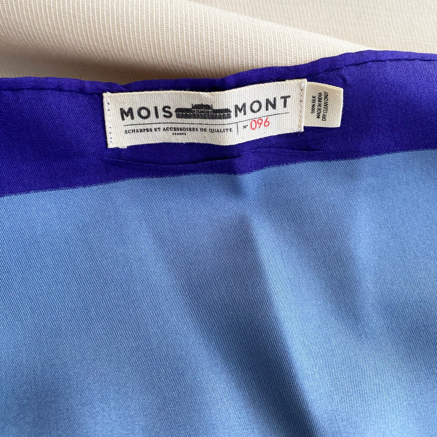 Mois Mont no.096 Silk Carre Scarf in Blue/Khaki/Ivory