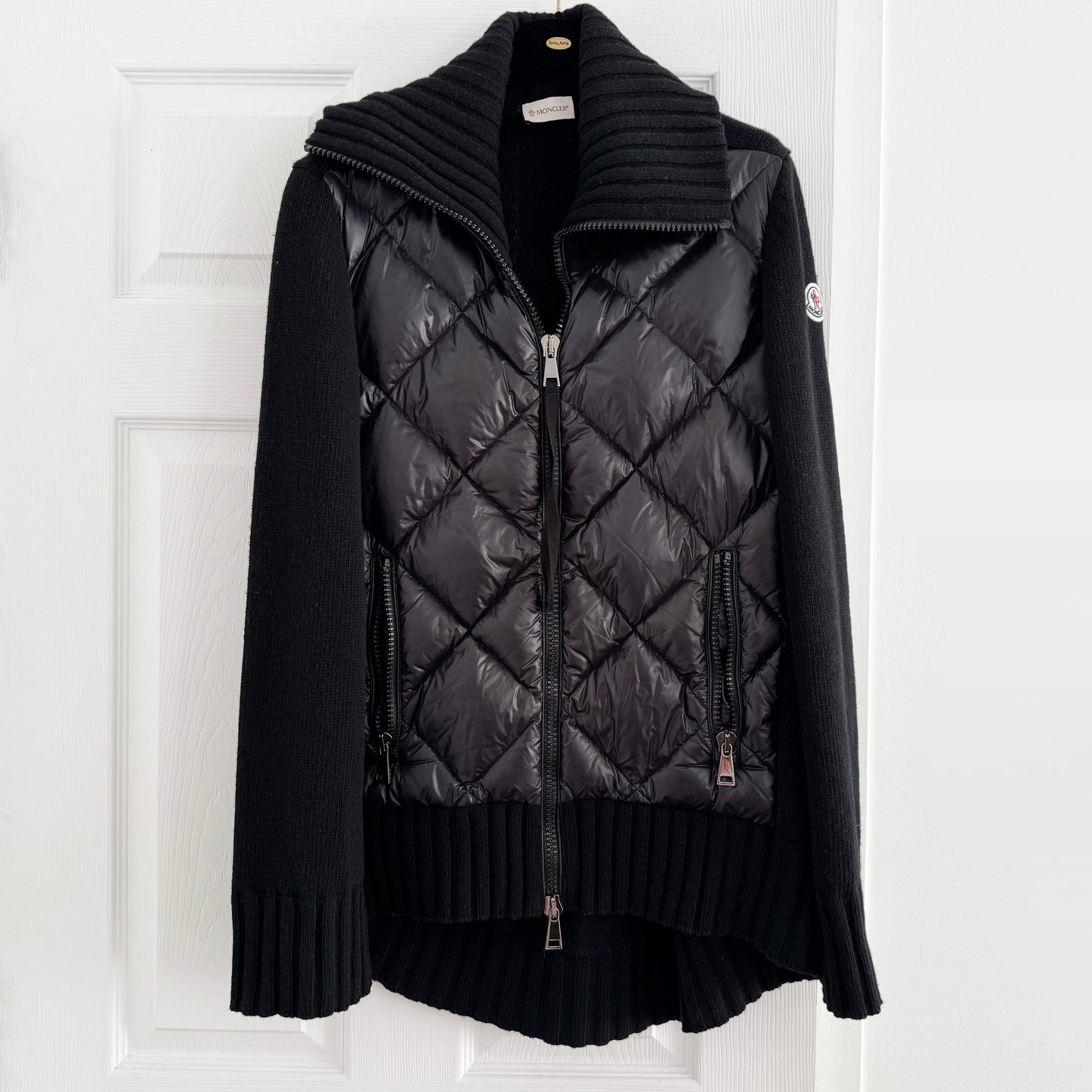 Moncler Quilted Panel Cardigan in Black, size Large