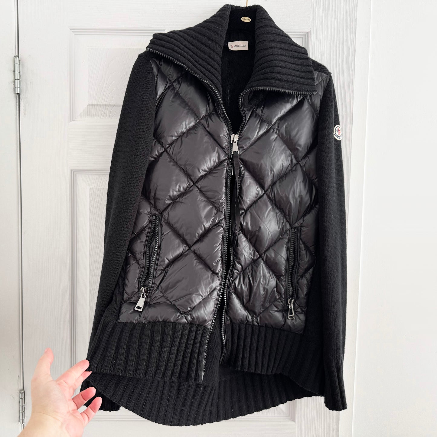 Moncler Quilted Panel Cardigan in Black, size Large
