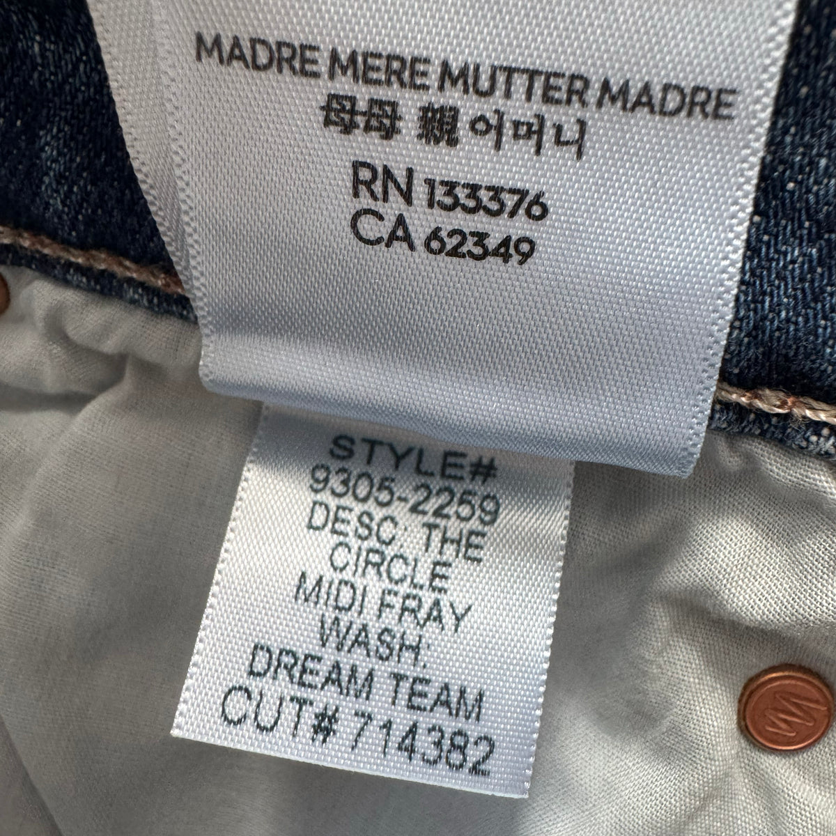 Mother "Circle Midi Fray" Denim Skirt in "Dream Team", size 28