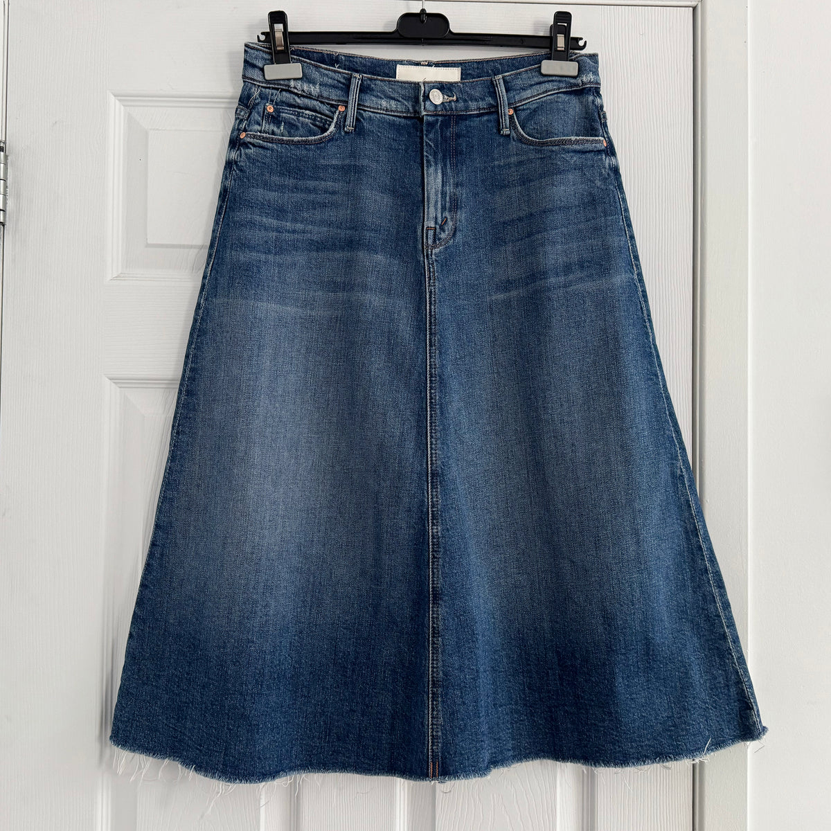 Mother "Circle Midi Fray" Denim Skirt in "Dream Team", size 28