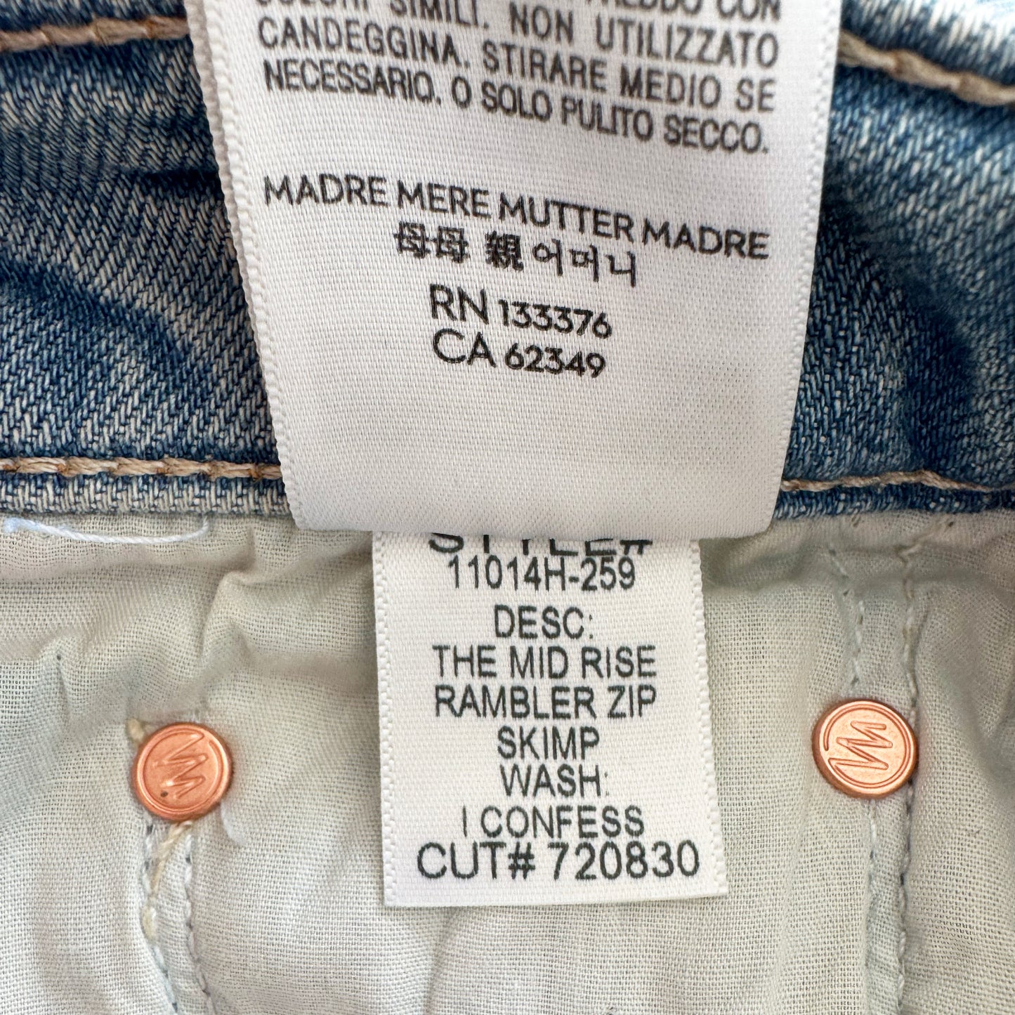 Mother "Mid-Rise Rambler Zip Skimp" Jean in "I Confess", size 27