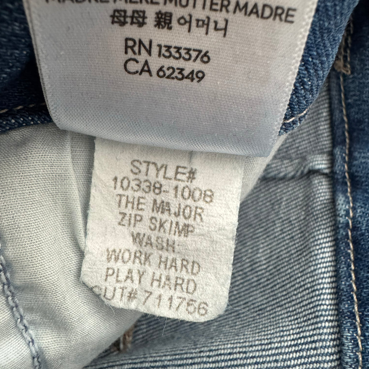 Mother "Major Zip Skimp" Jeans in "Work Hard Play Hard", size 25