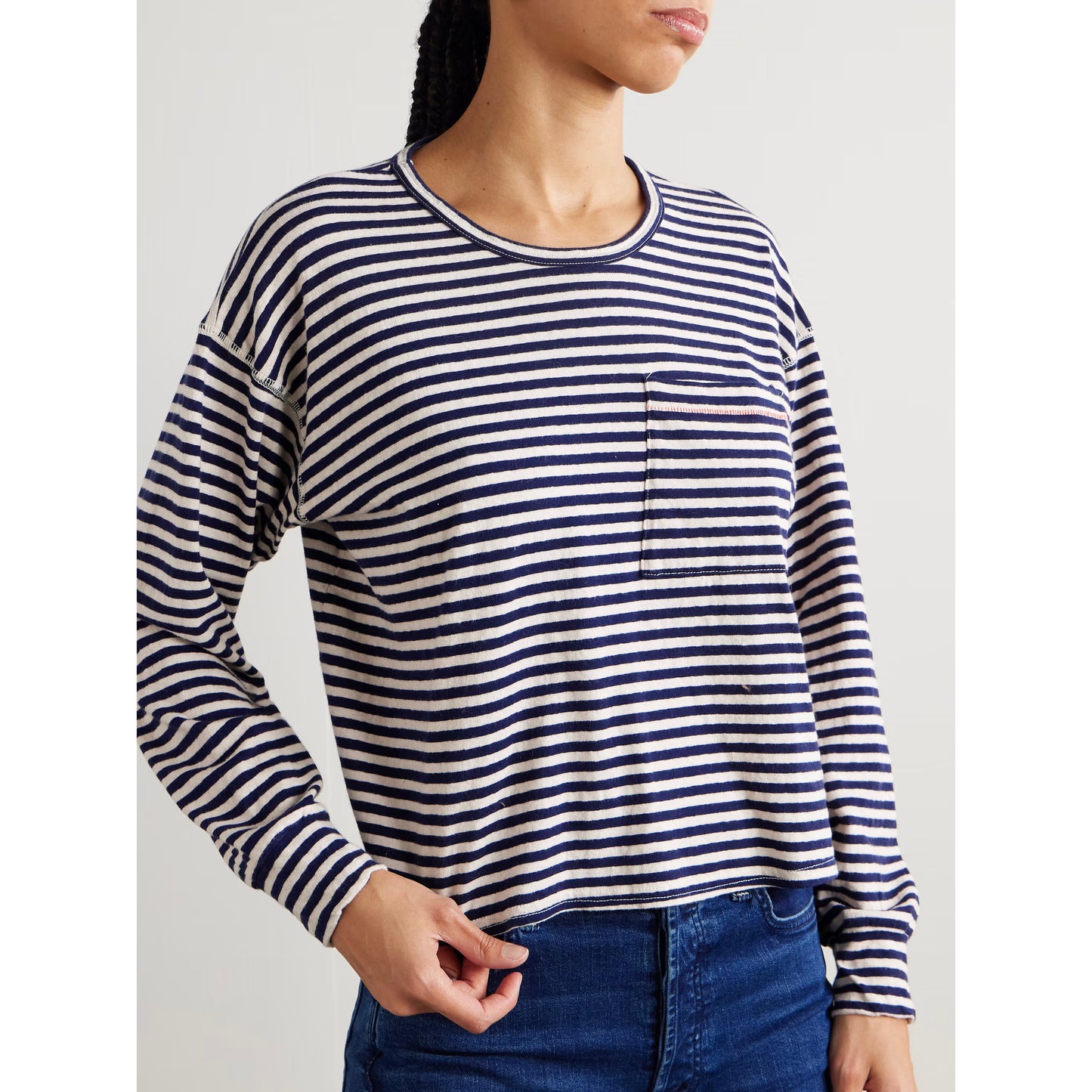 Mother "Dugout Scoop Pocket" Striped Tee in Navy/White, size Small