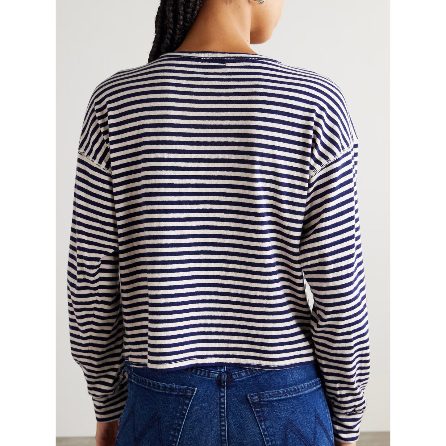 Mother "Dugout Scoop Pocket" Striped Tee in Navy/White, size Small