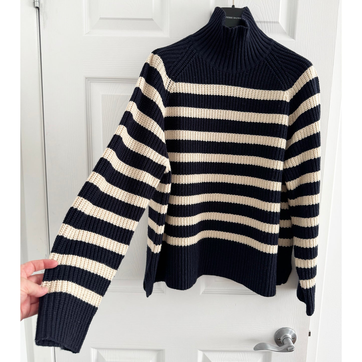 The Simple Studio x Munthe Striped "Arissa" Cotton Knit in Navy/Ivory, size 36