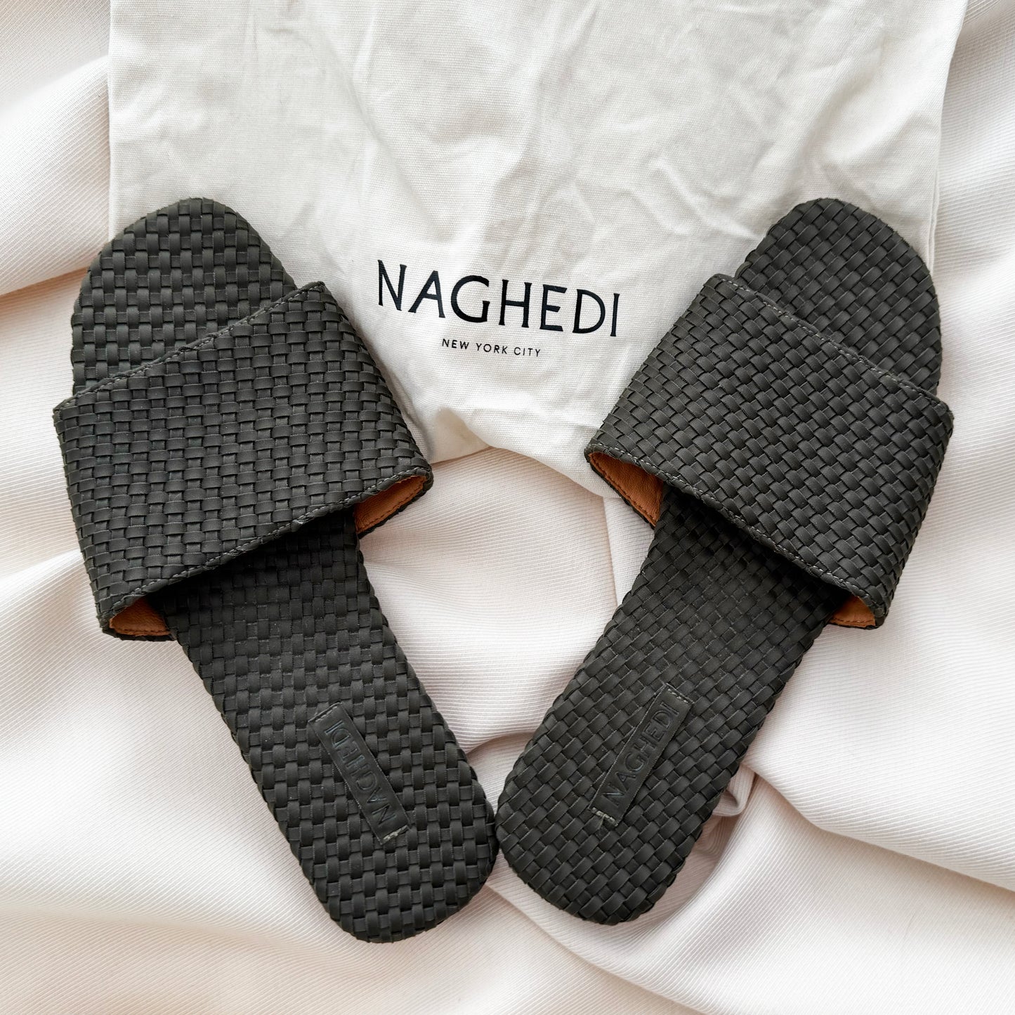 Naghedi "St Barths" Flat Woven Sandals in Olive, size 40