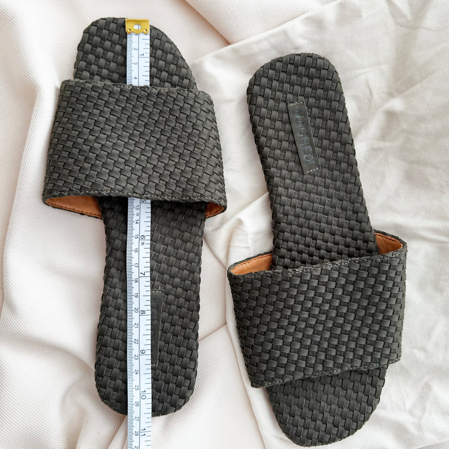Naghedi "St Barths" Flat Woven Sandals in Olive, size 40