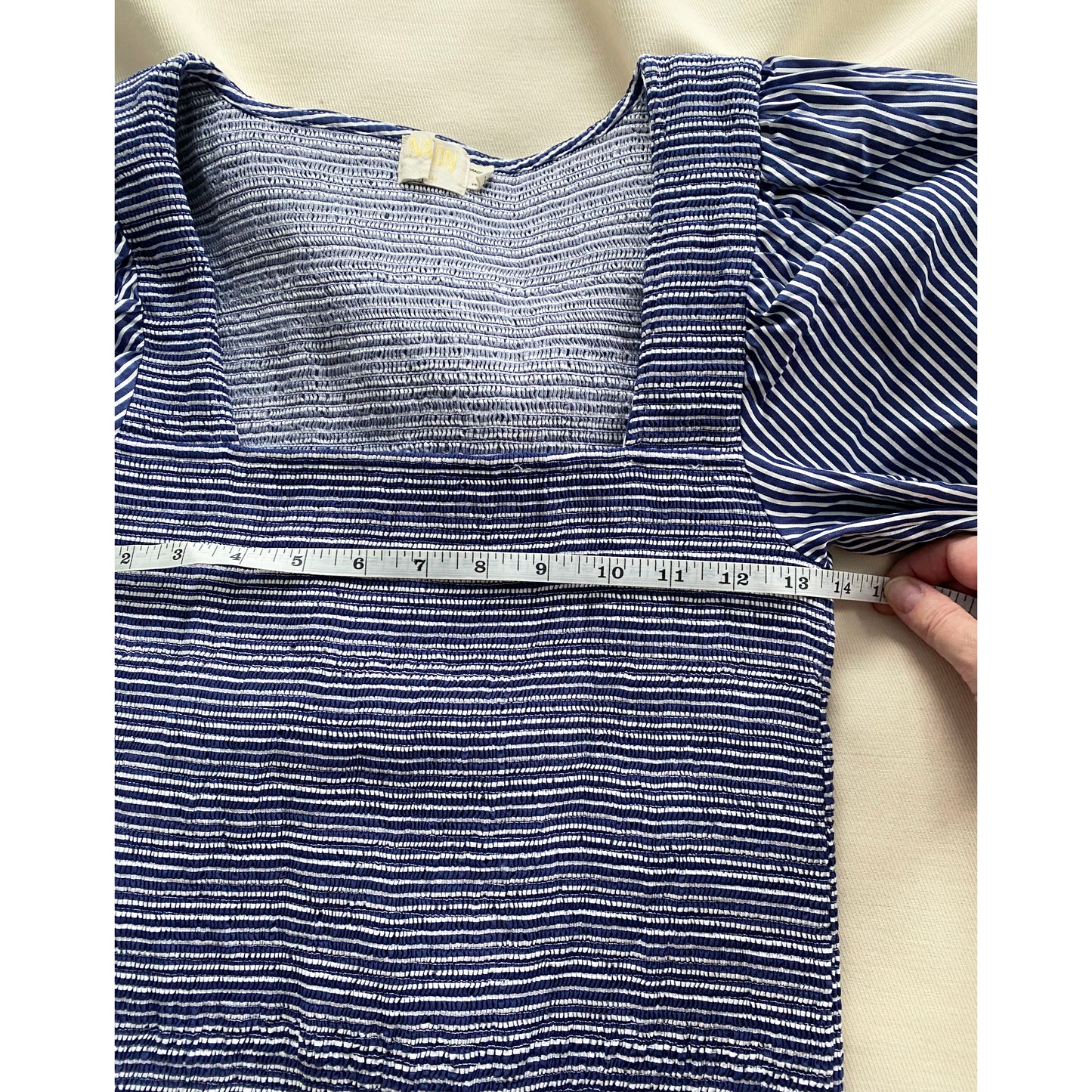 Nation "Samira" Smocked Tee Shirt in Navy Stripe, size Small