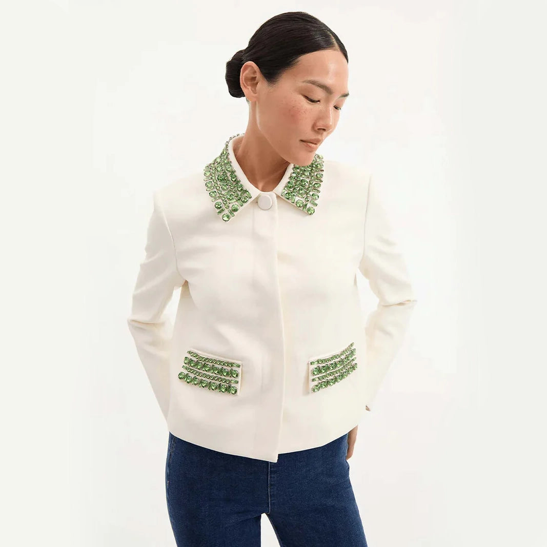 Veronica Beard "Imogen" Crystal-Embellished Jacket in White, size 4