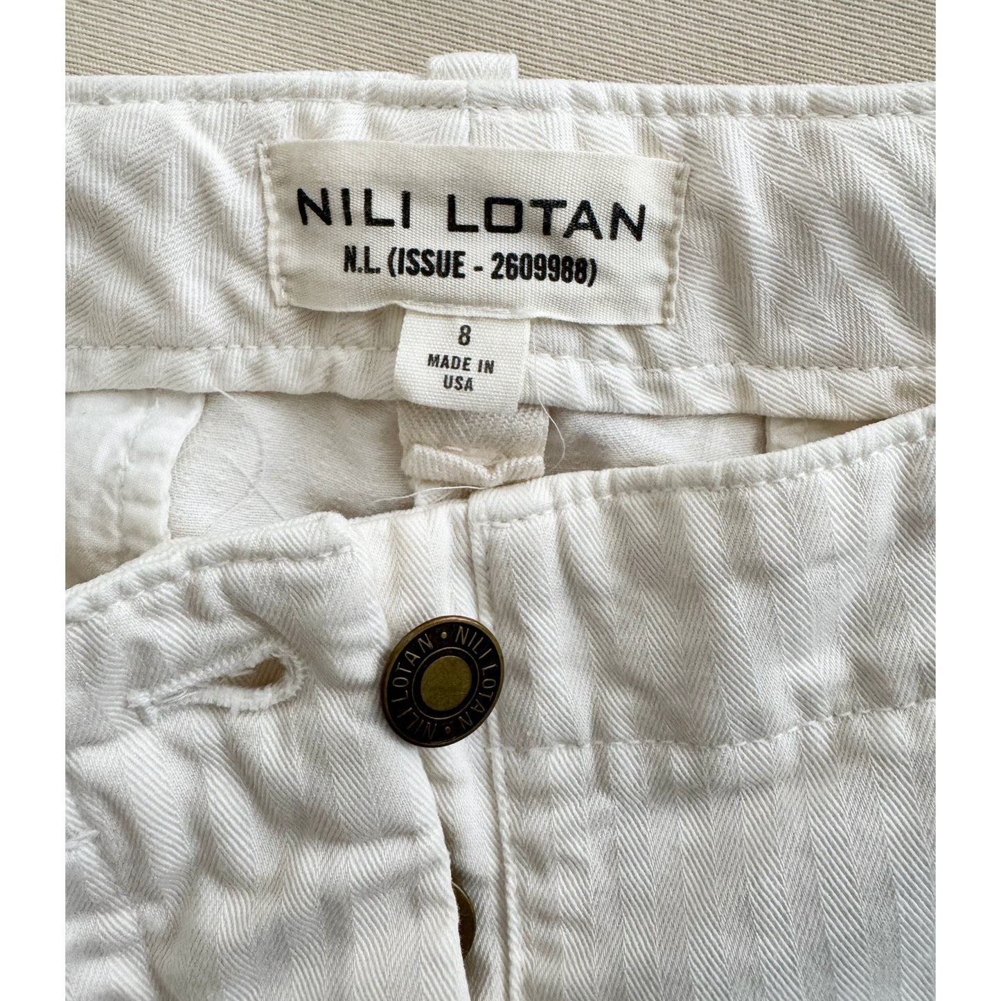 Nili Lotan "Tomboy" Cuffed Pant in White Sand, size 8