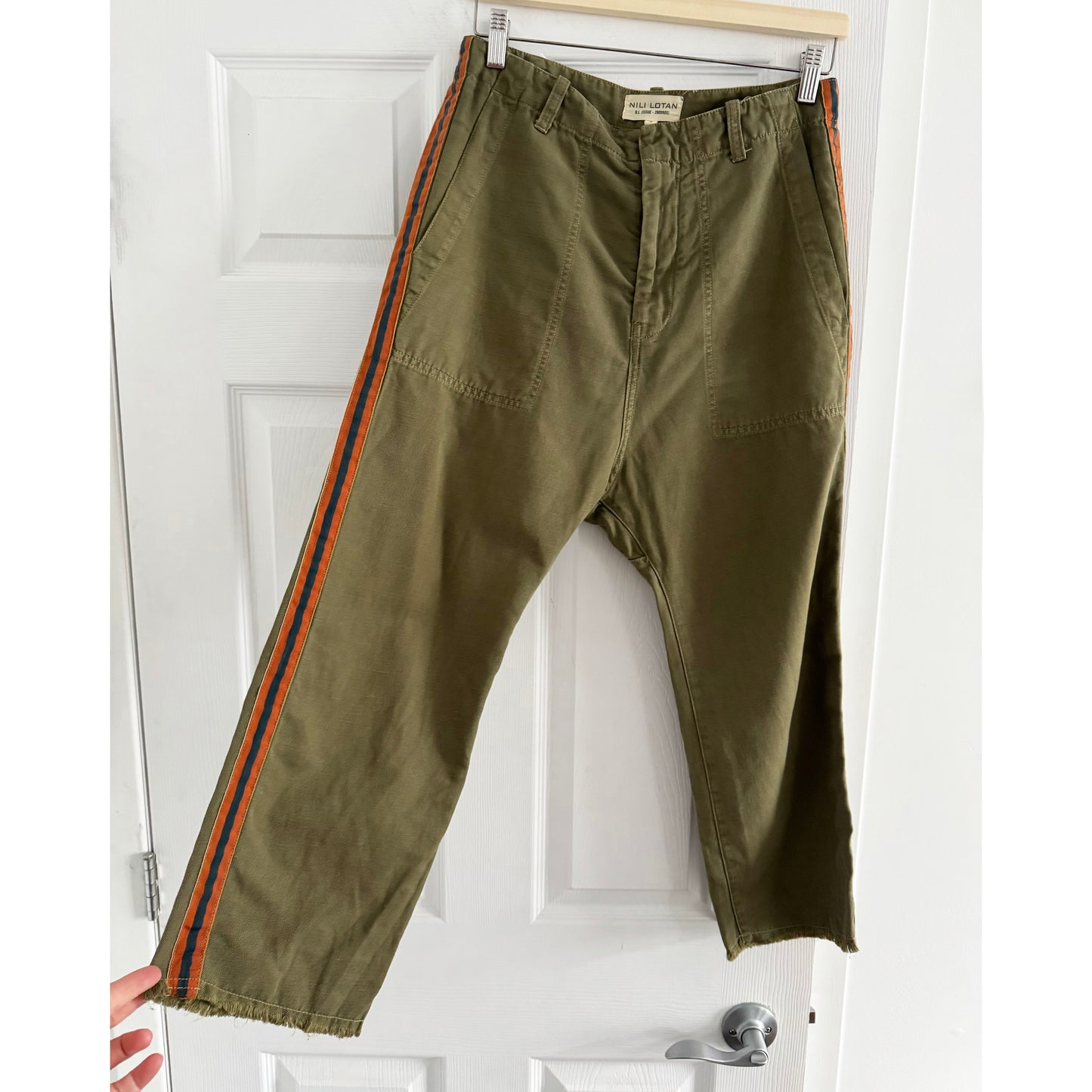 Nili Lotan "Luna" Pants in Army Green w Stripe, size 4