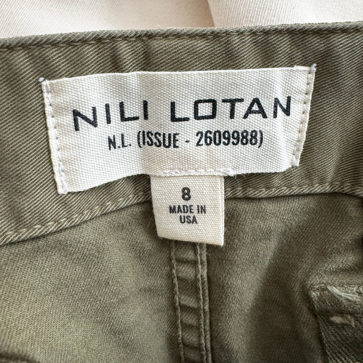 Nili Lotan "Utility" Shorts in Military Green, size 8