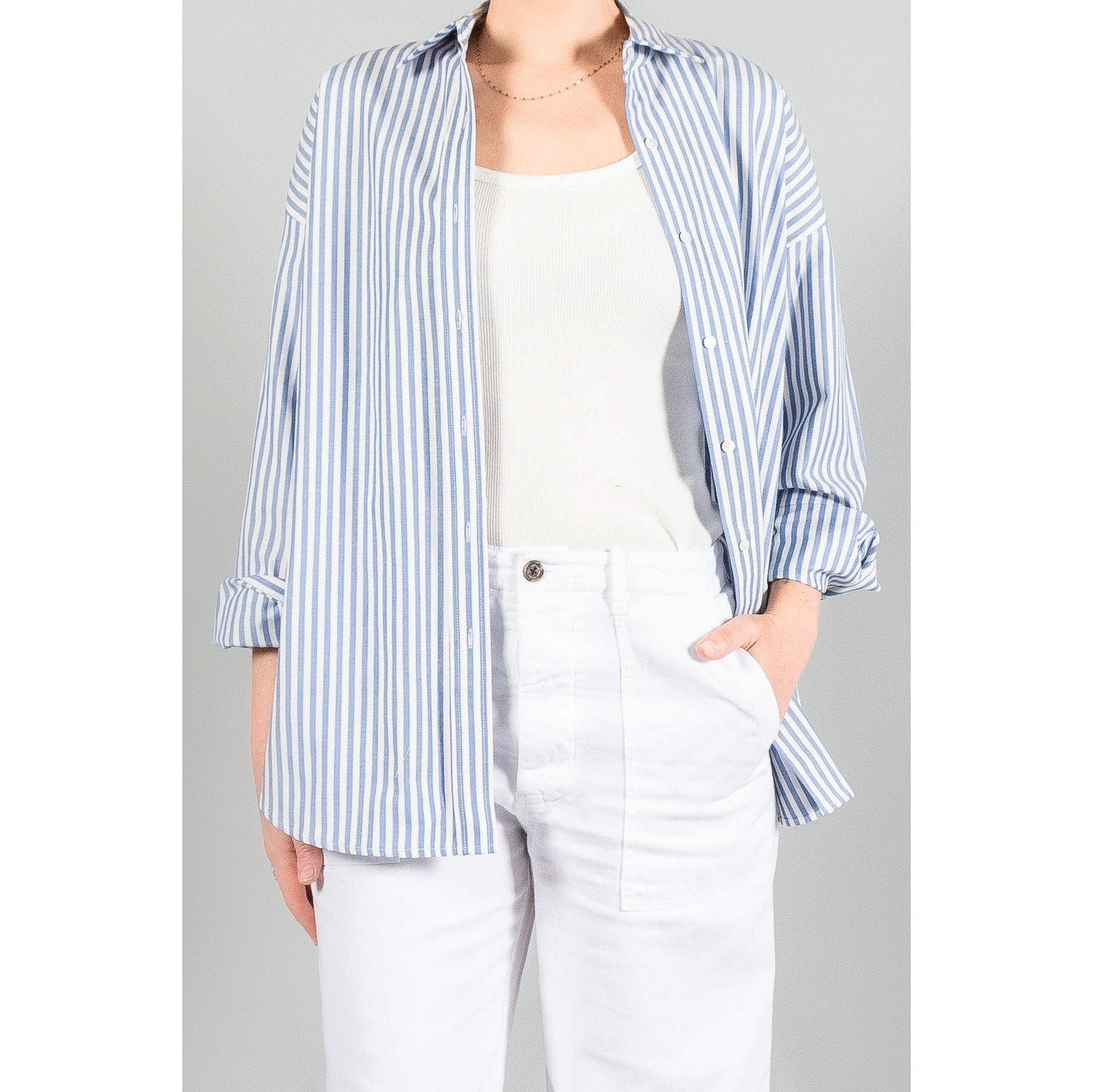 Nili Lotan "Mael" Oversize Shirt in Sky Blue Stripe, size XS